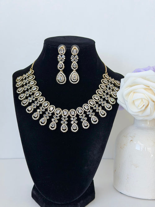 American Diamond Meira Necklace Set with Earrings in Gold Base