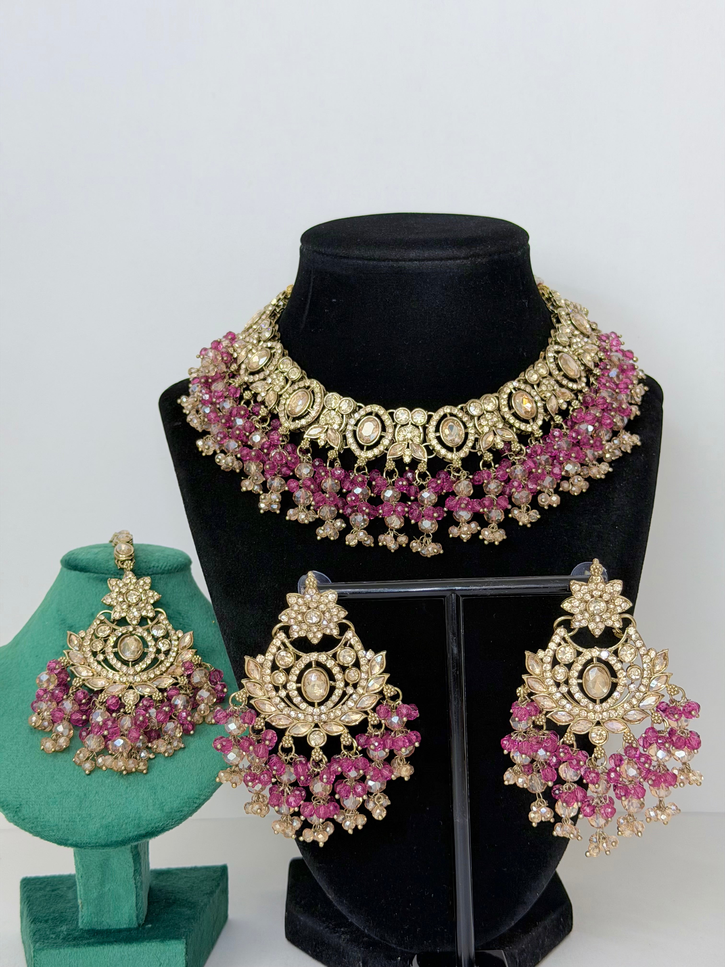 Bollywood Roshni Stonework Necklace Set with Earrings and Mangtika