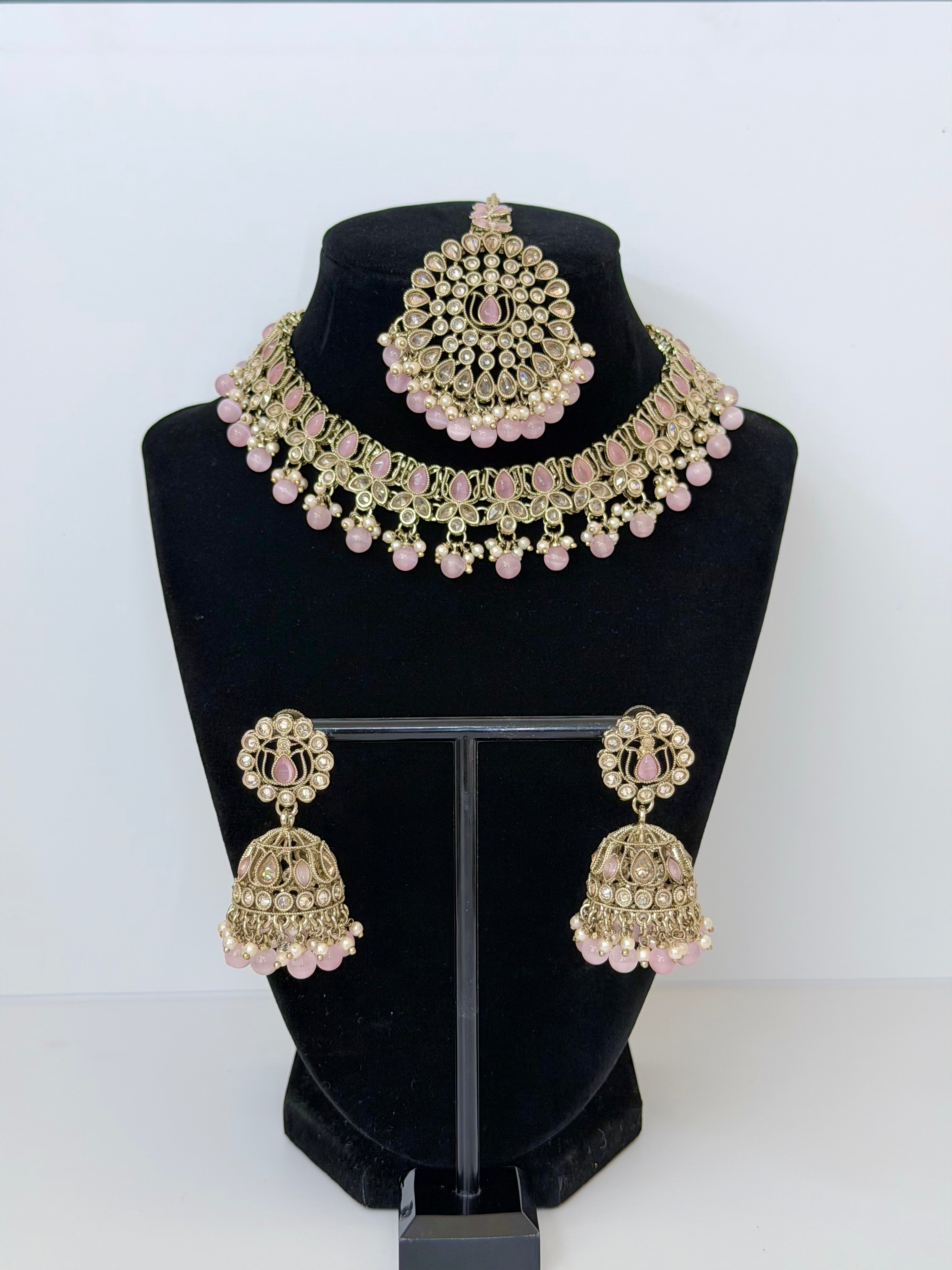 Bollywood Polki Kamal Aura Necklace Set with Jhumka and Mangtika