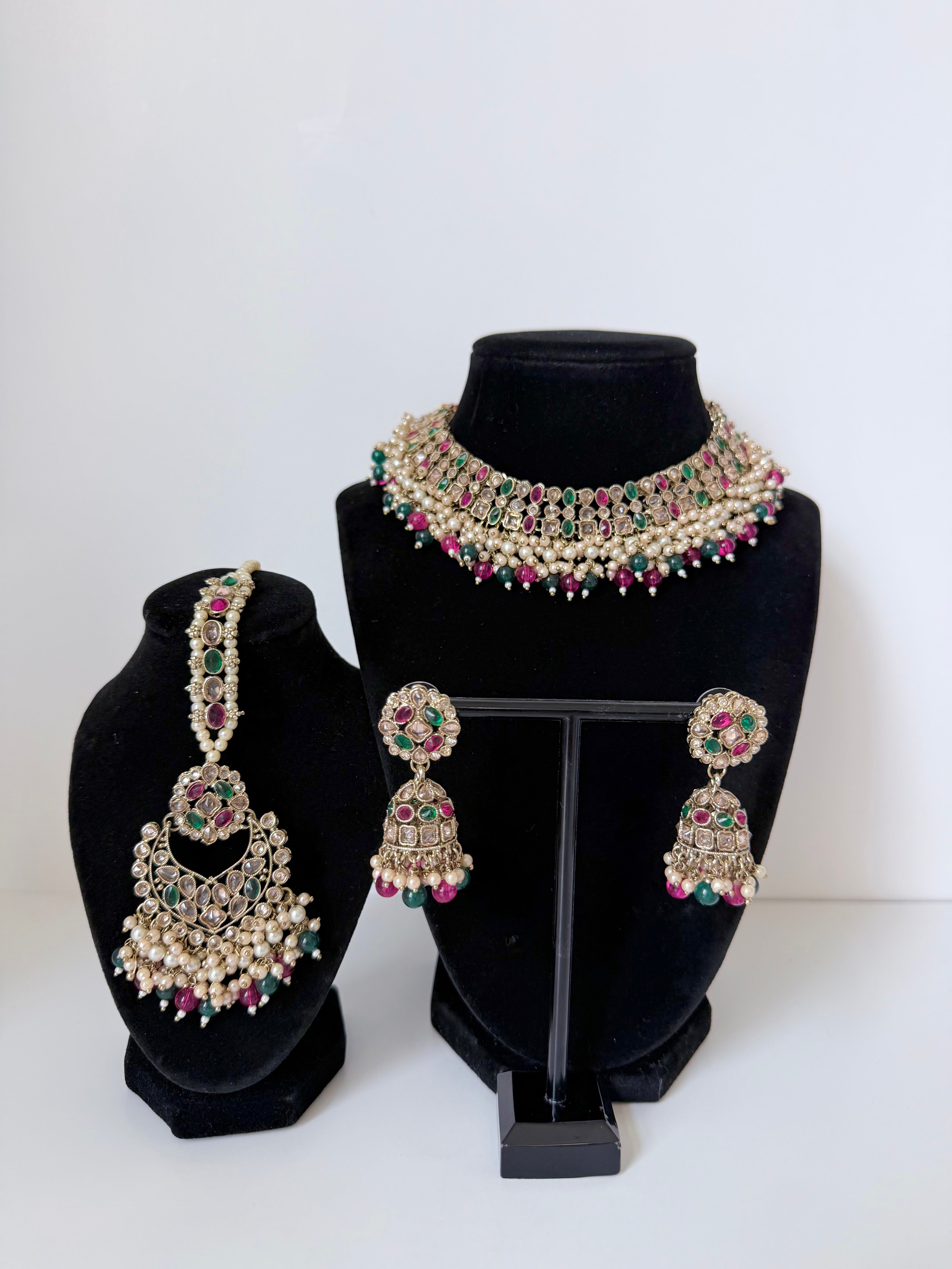 Bollywood Polki Pratha Necklace Set with Jhumka and Mangtika