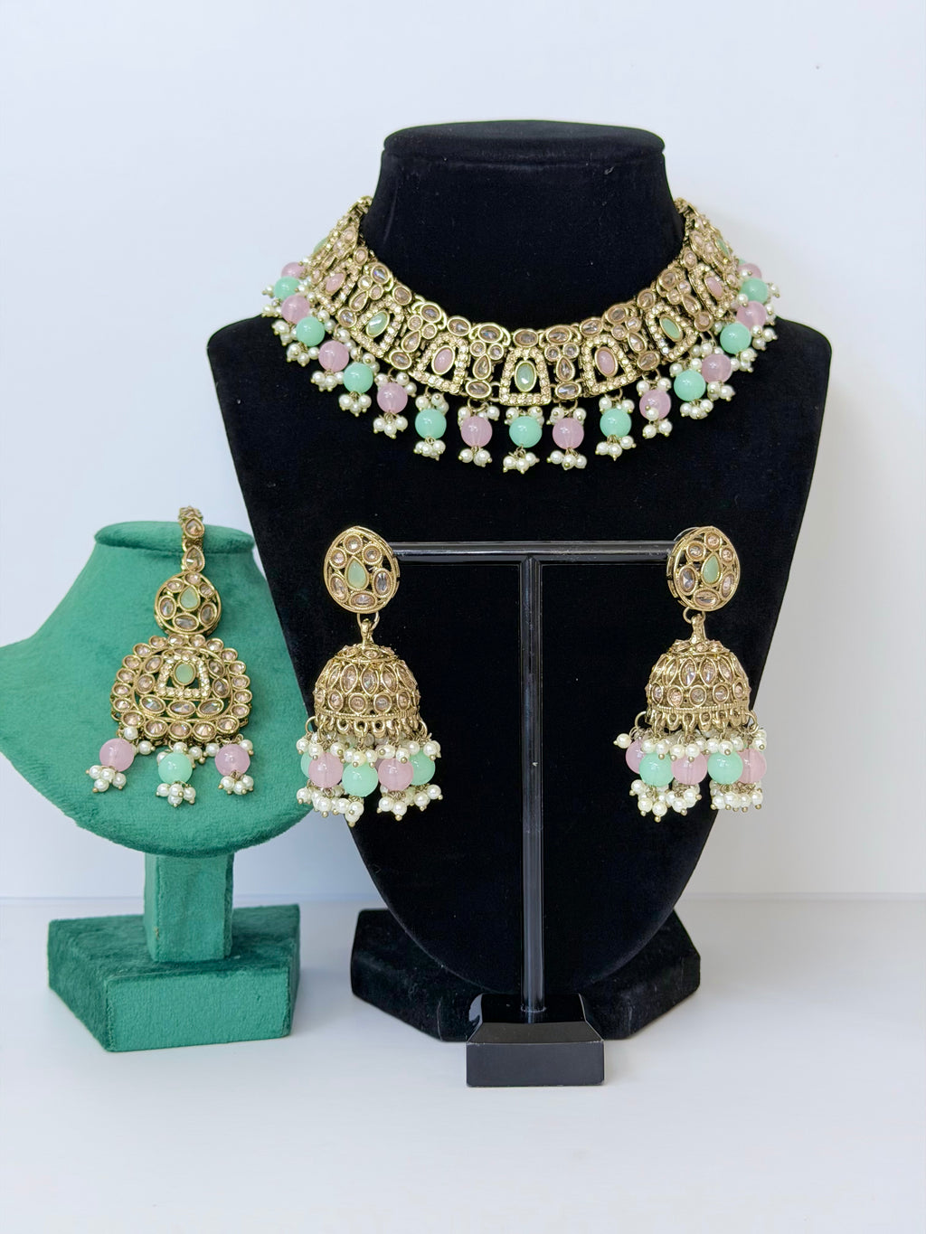 Bollywood Polki Esha Necklace Set with Jhumka and Tikka