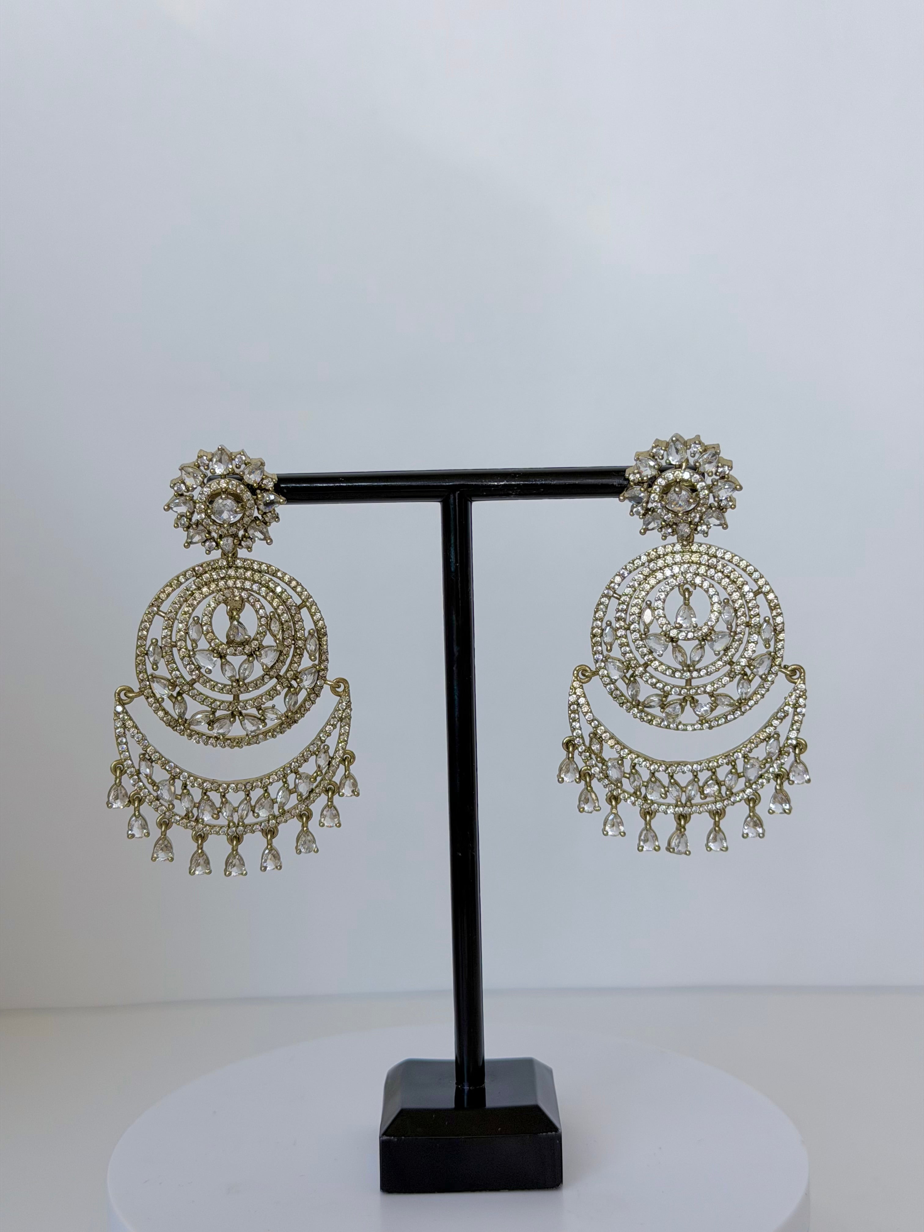 American Diamond Riyana Necklace Set with Earrings and Mangtika in Gold Base