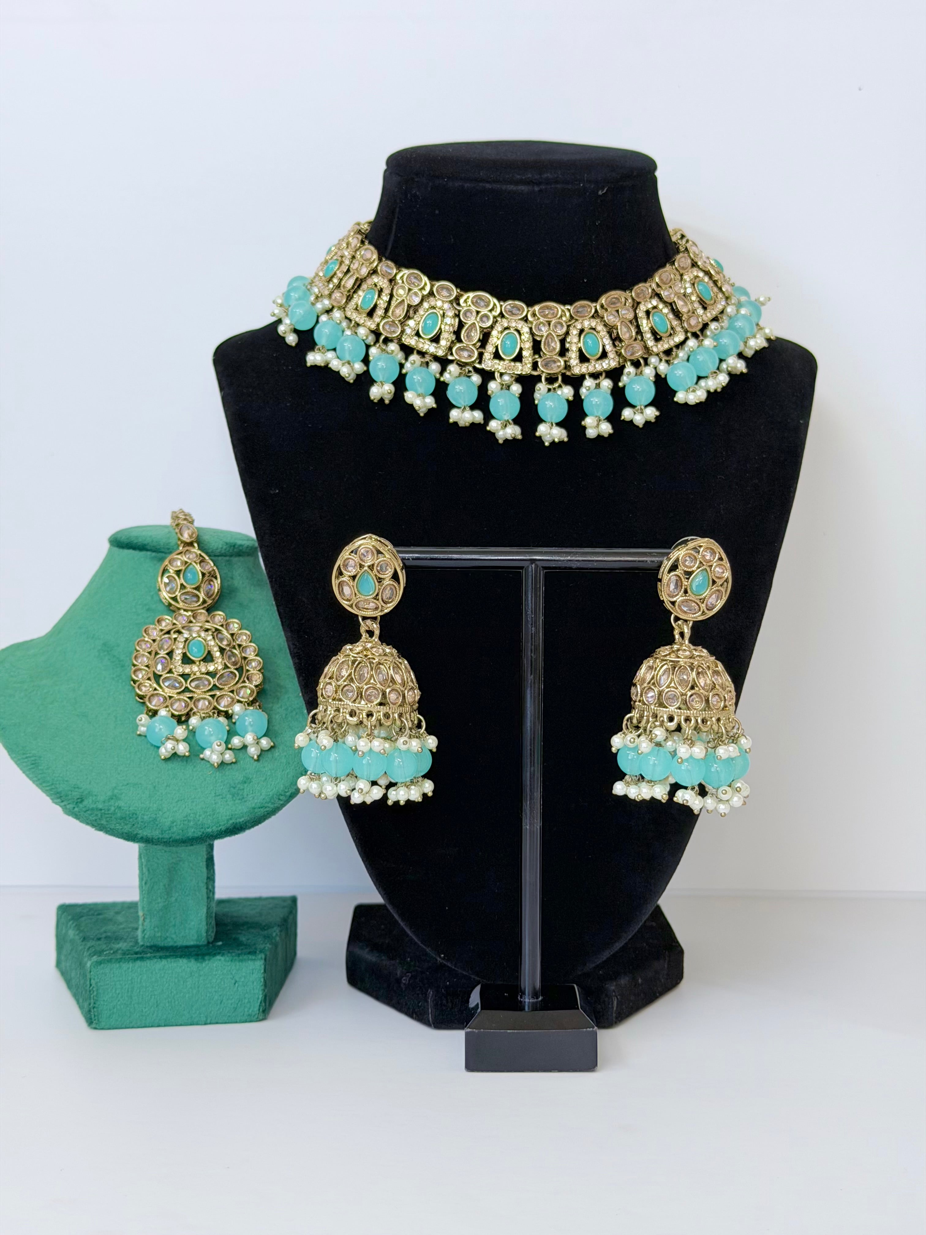 Bollywood Polki Esha Necklace Set with Jhumka and Tikka
