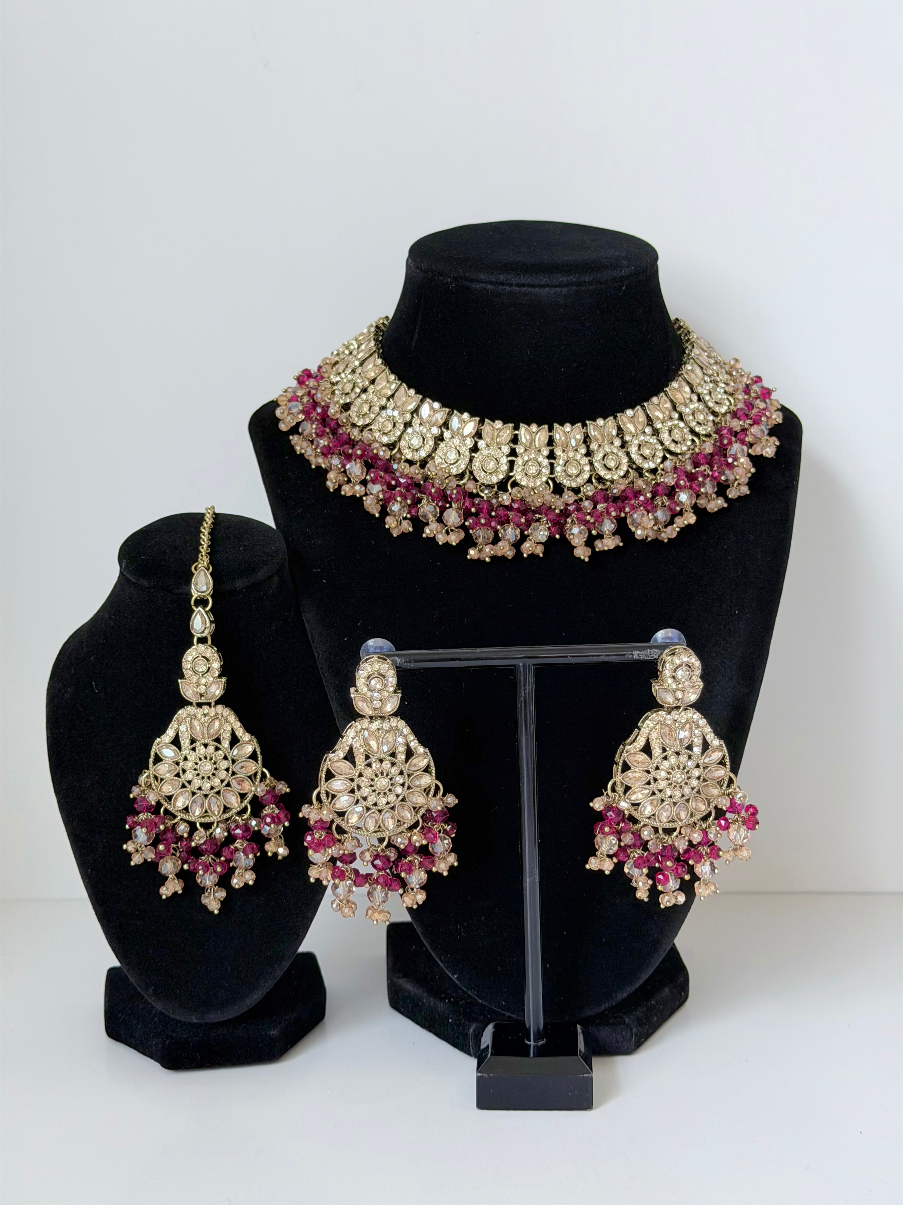 Bollywood Krithika Stonework Necklace Set with Earrings and Mangtika