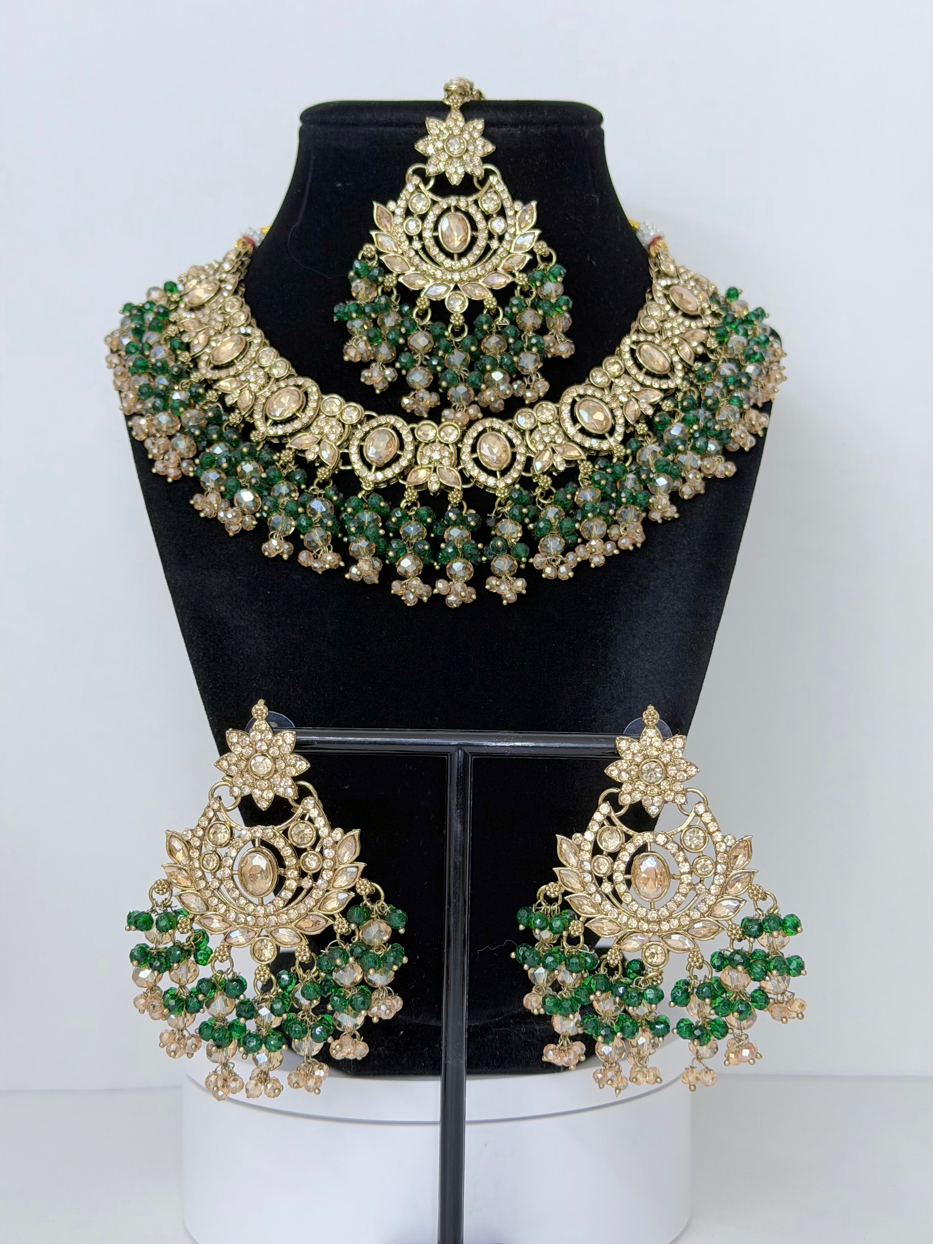 Bollywood Roshni Stonework Necklace Set with Earrings and Mangtika