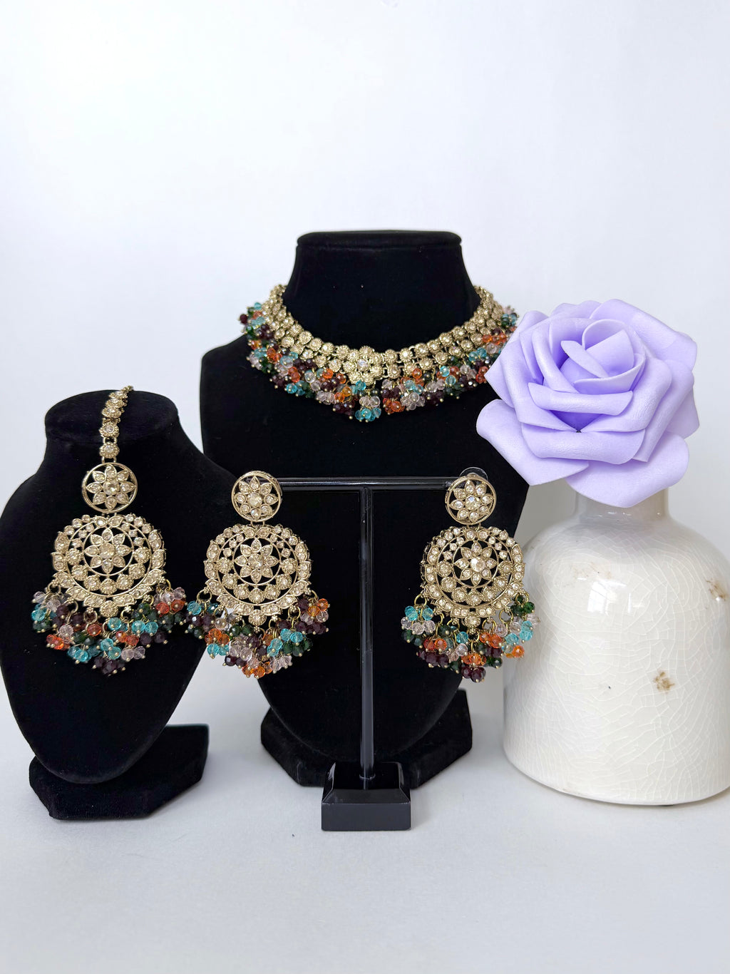 Bollywood Reha Stonework Necklace Set with Earrings and Tikka