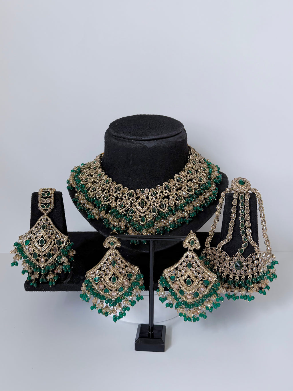 Bollywood Sairoon Polki and Stonework Necklace set with Earrings, Mangtika and Jhoomar