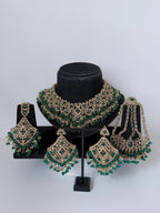 Bollywood Sairoon Polki and Stonework Necklace set with Earrings, Mangtika and Jhoomar