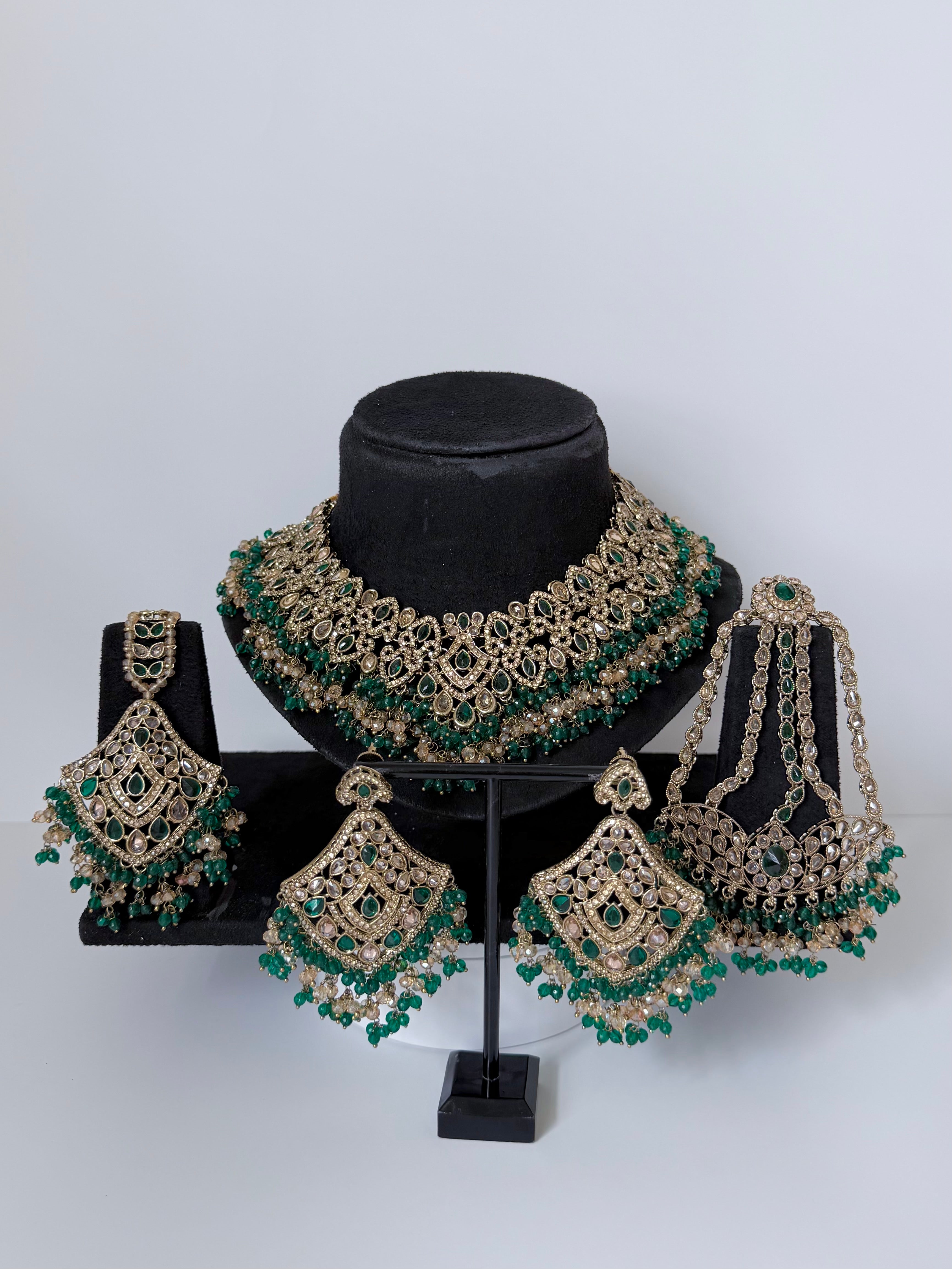 Bollywood Sairoon Polki and Stonework Necklace set with Earrings, Mangtika and Jhoomar