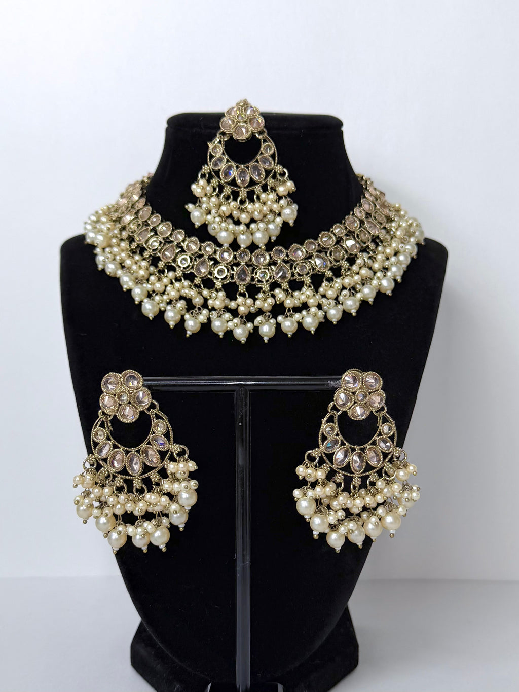 Bollywood Polki Riva Necklace Set with Earrings and Tikka