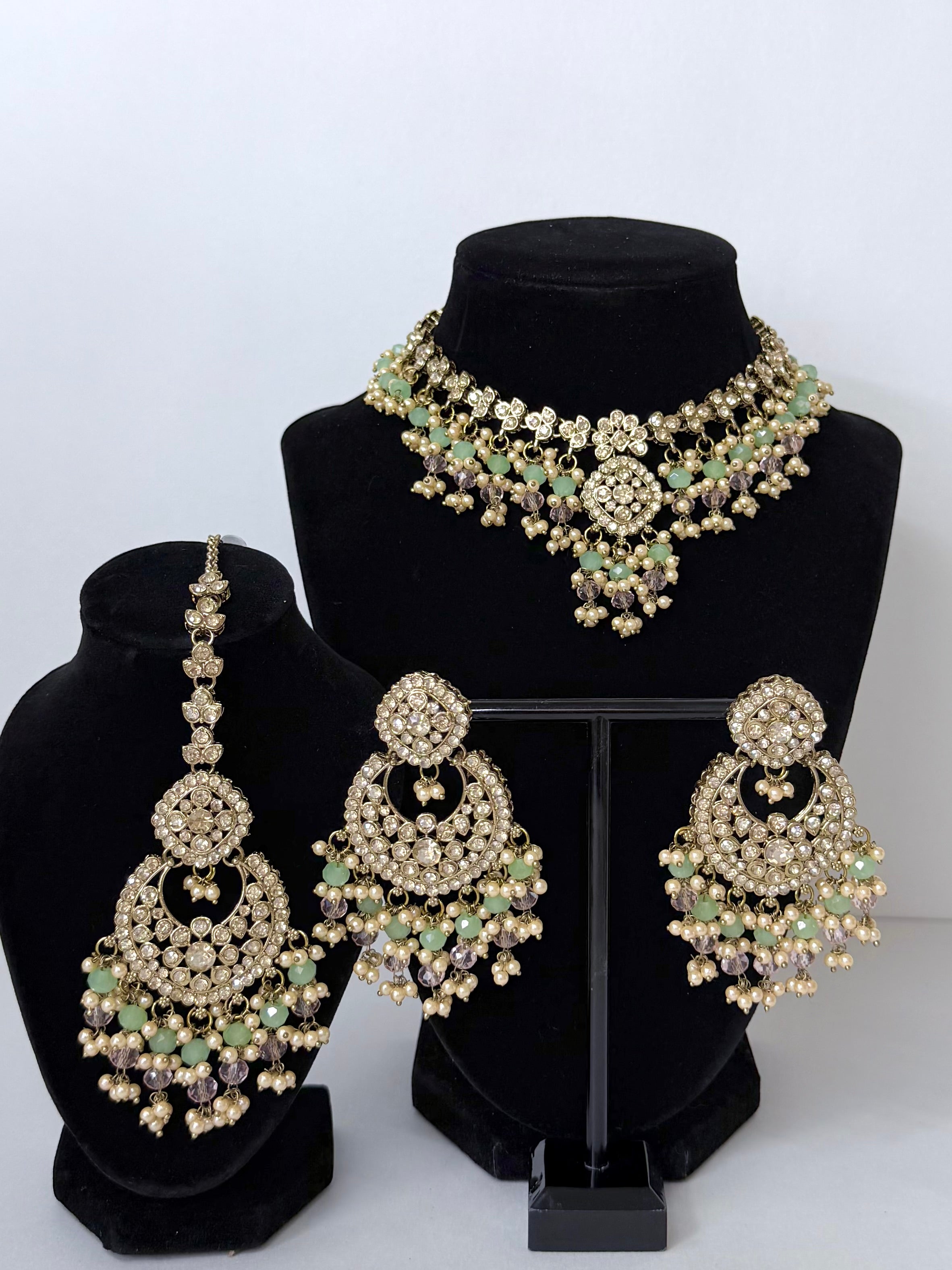 Bollywood Ziana Stonwork Necklace Set with Earrings and Tikka