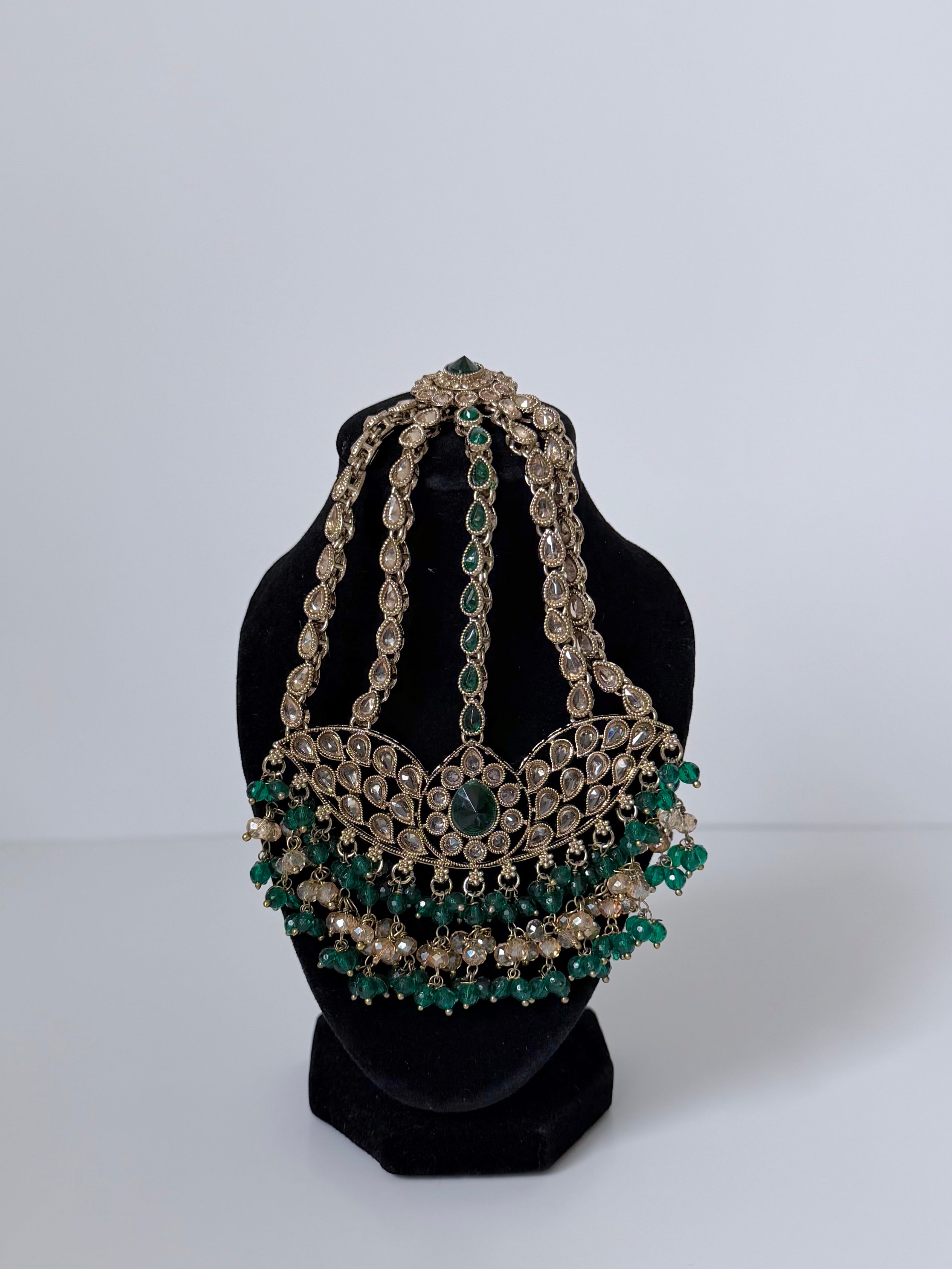 Bollywood Sairoon Polki and Stonework Necklace set with Earrings, Mangtika and Jhoomar