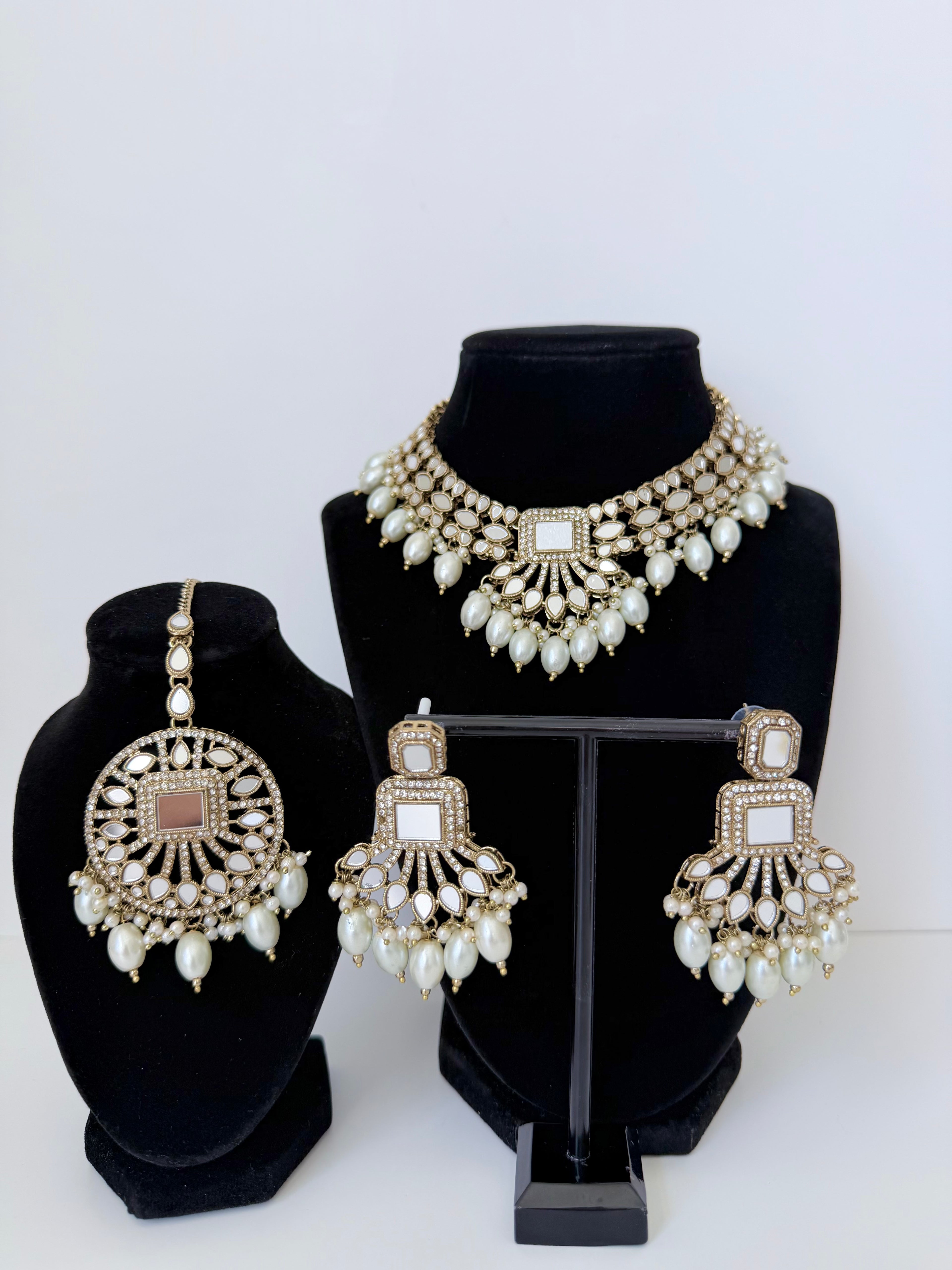 Bollywood Sohni Mirrorwork Necklace set with Earrings and Tikka