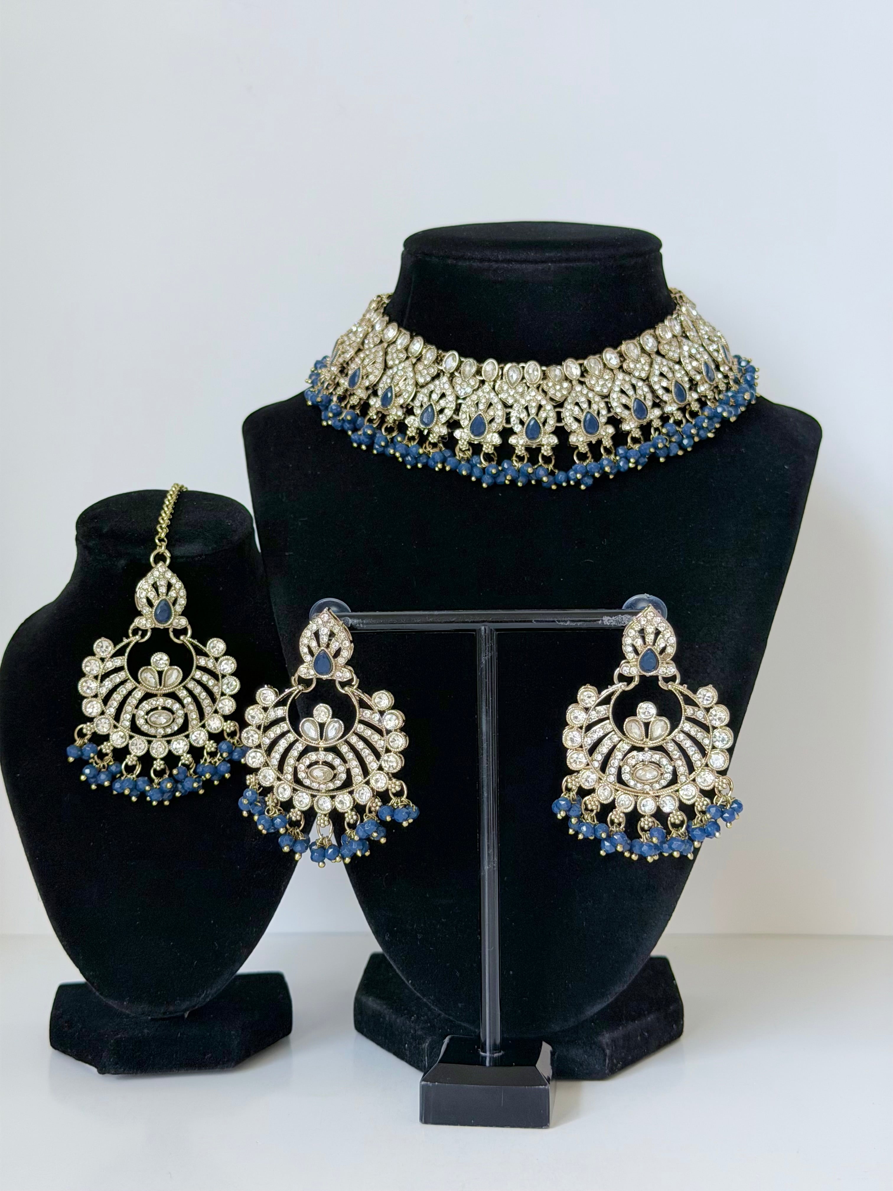 Bollywood Neel Stonework Necklace Set with Earrings and Mangtika(Mehendi Base)