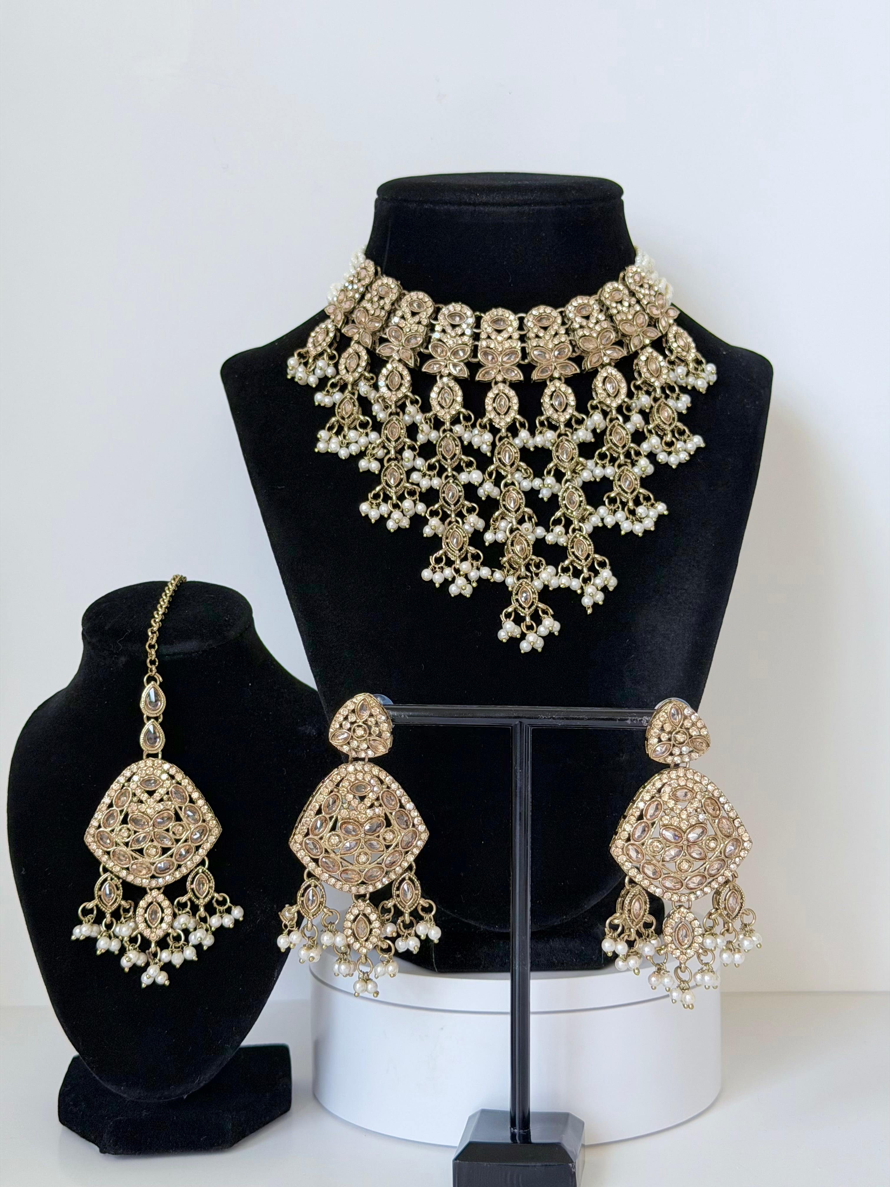 Jhalak Polki Waterfall Necklace set with Earrings and Mangtika