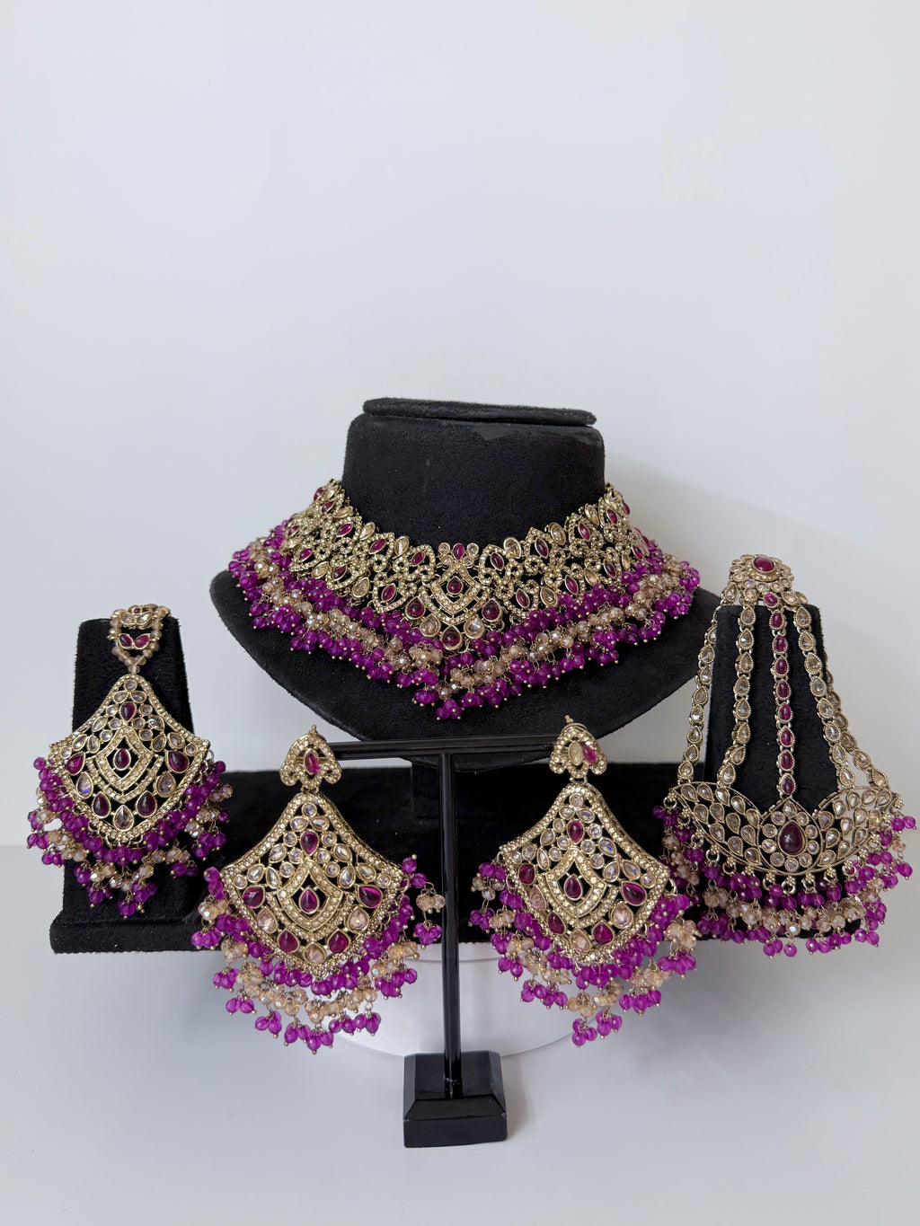 Bollywood Sairoon Polki and Stonework Necklace set with Earrings, Mangtika and Jhoomar