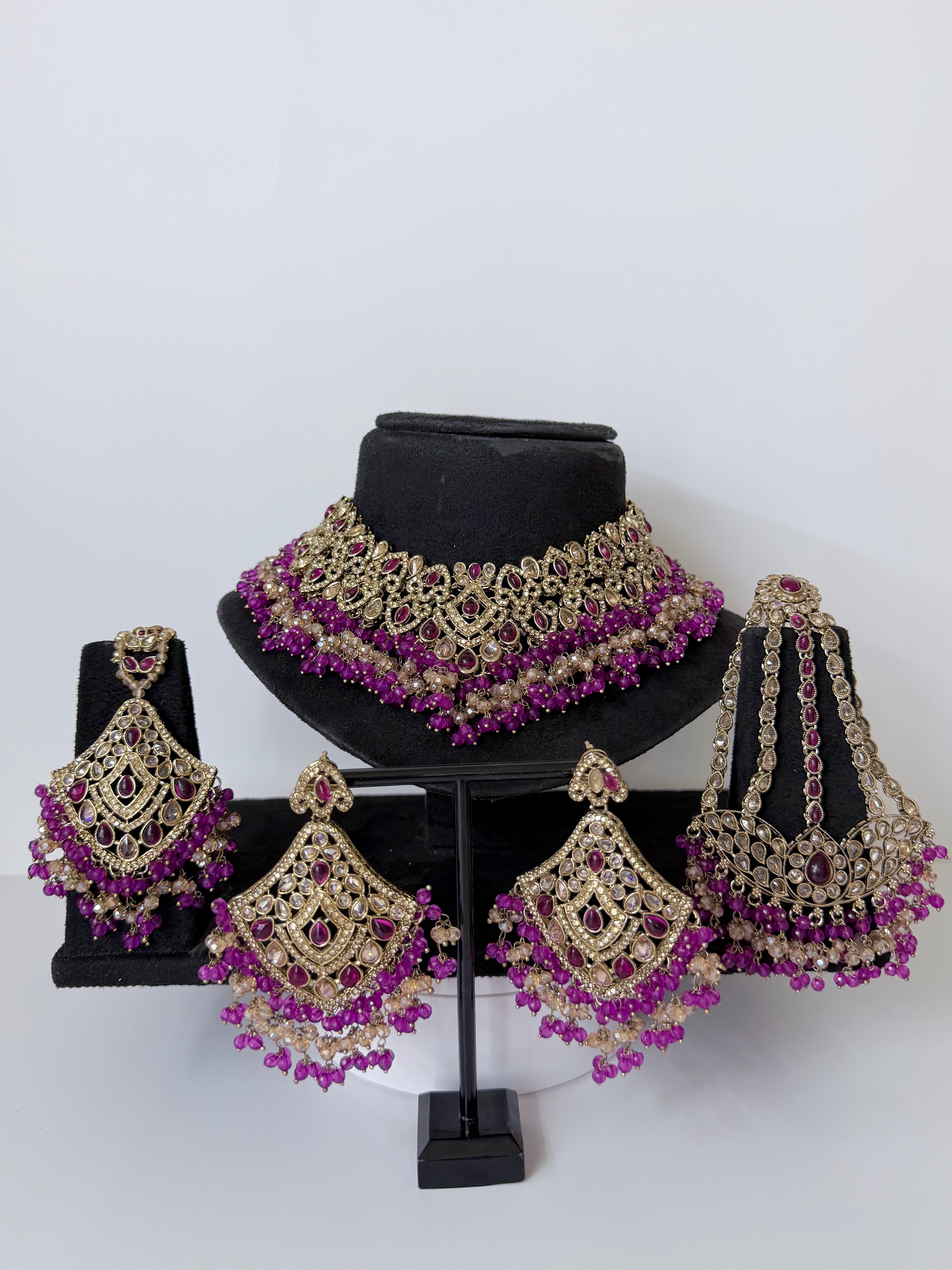 Bollywood Sairoon Polki and Stonework Necklace set with Earrings, Mangtika and Jhoomar