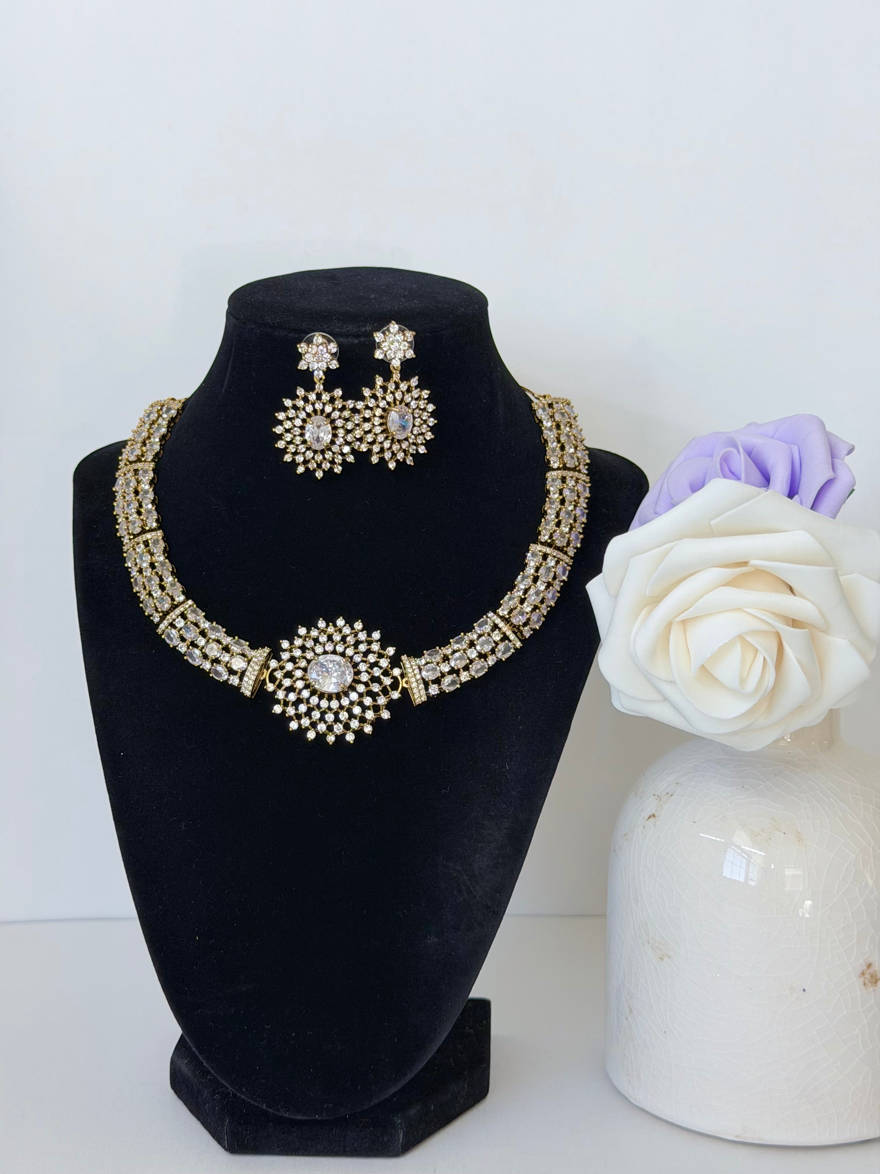 American Diamond Nova Necklace Set with Earrings in Gold Base