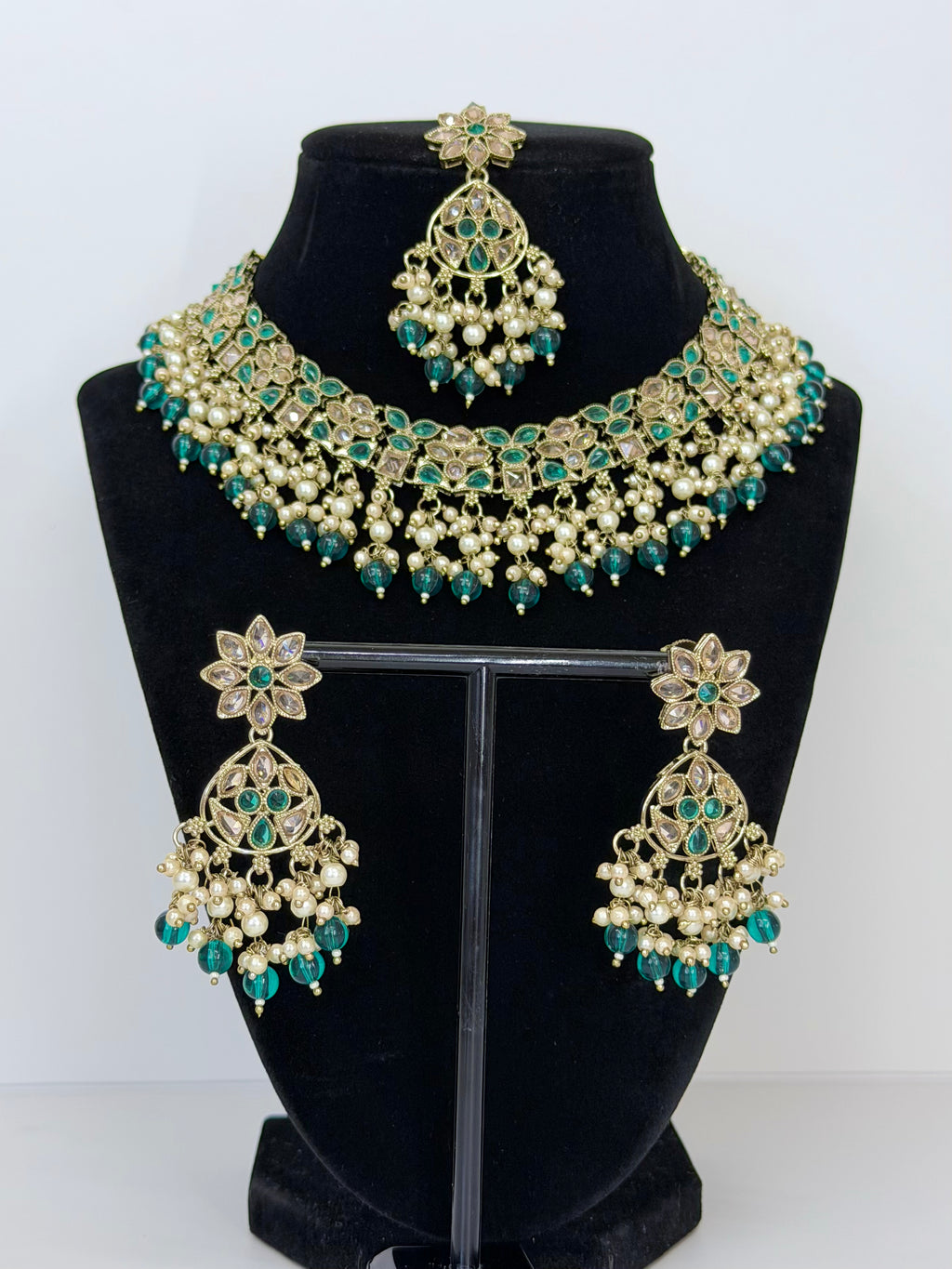 Bollywood Polki Ruhi Necklace Set with Earrings and Tikka