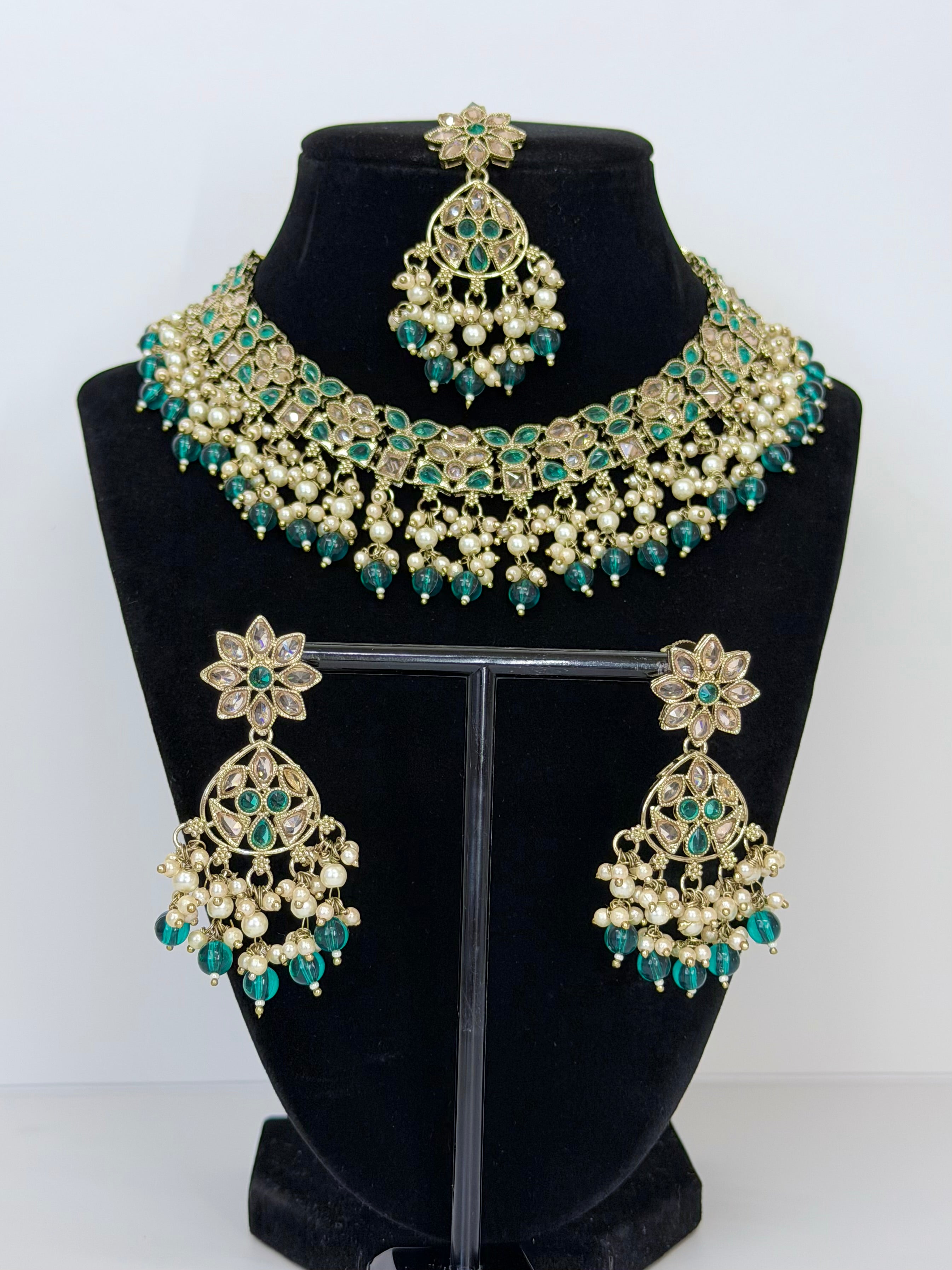 Bollywood Polki Ruhi Necklace Set with Earrings and Tikka