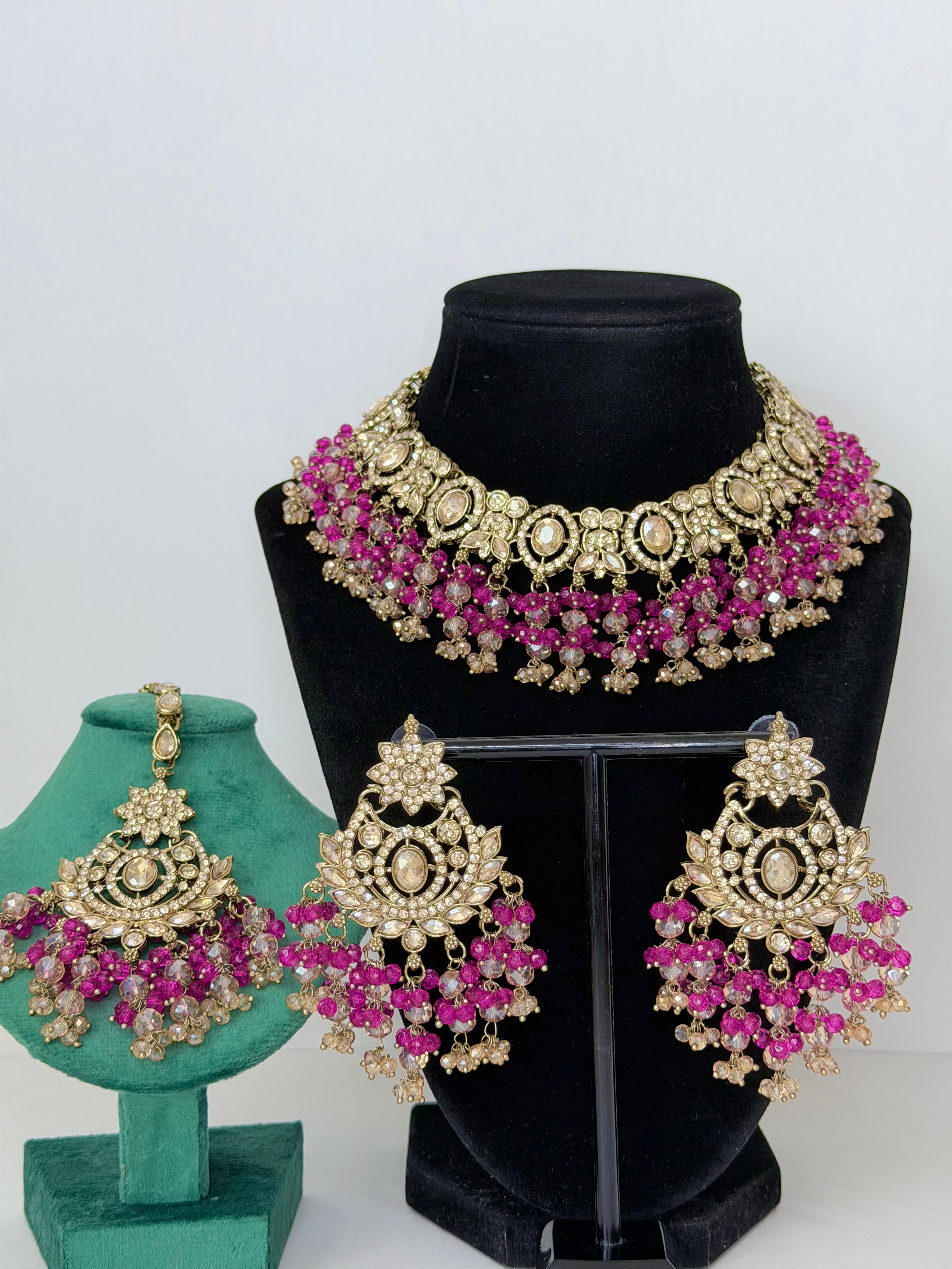 Bollywood Roshni Stonework Necklace Set with Earrings and Mangtika