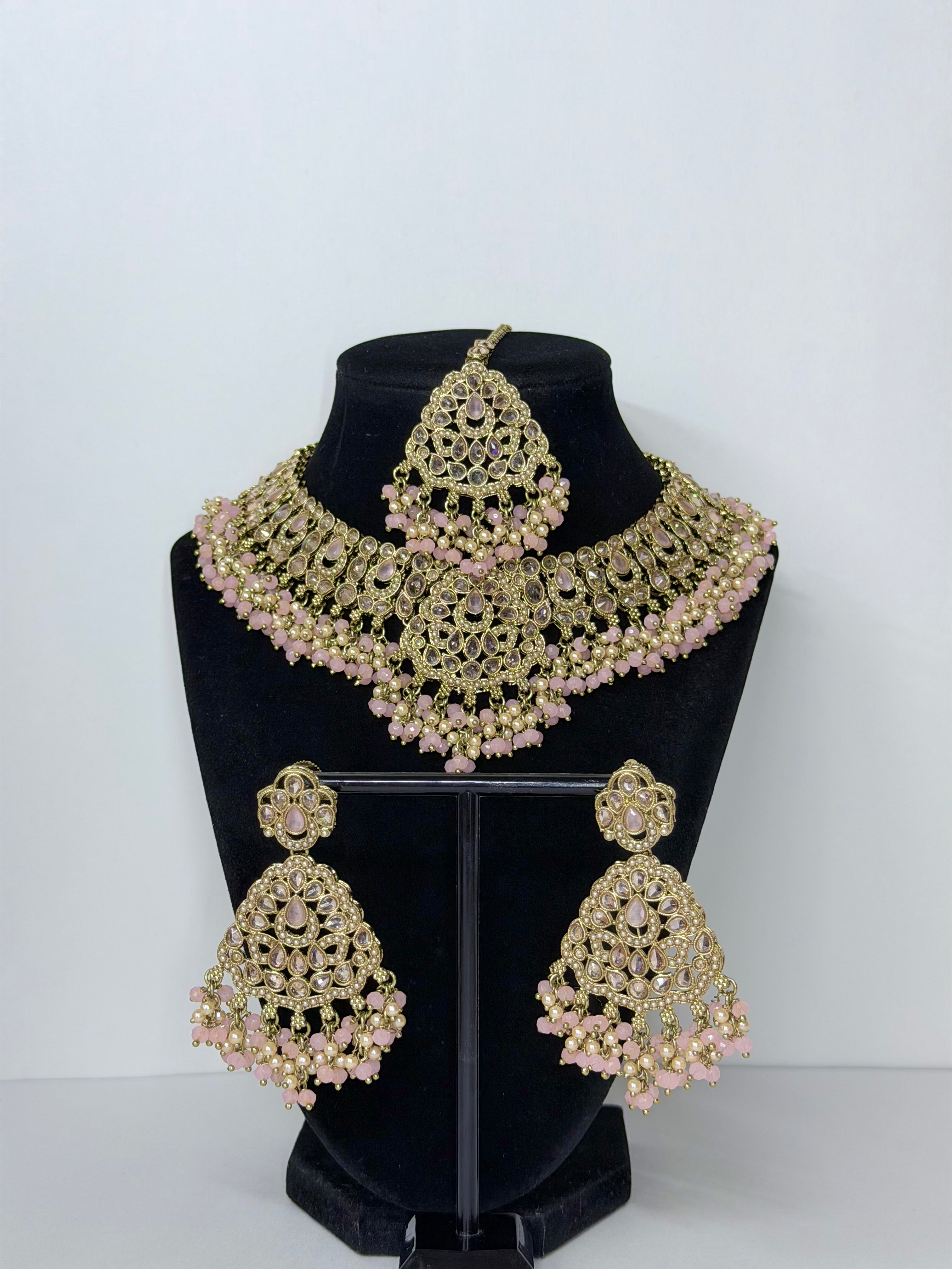 Bollywood Polki Deepika Necklace Set with Earrings and Tikka