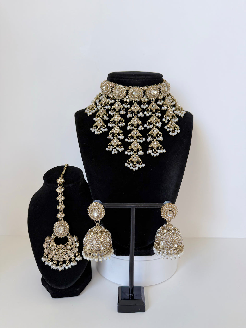 Bollywood Anarkali Waterfall Necklace Set with Jhumka and Tikka