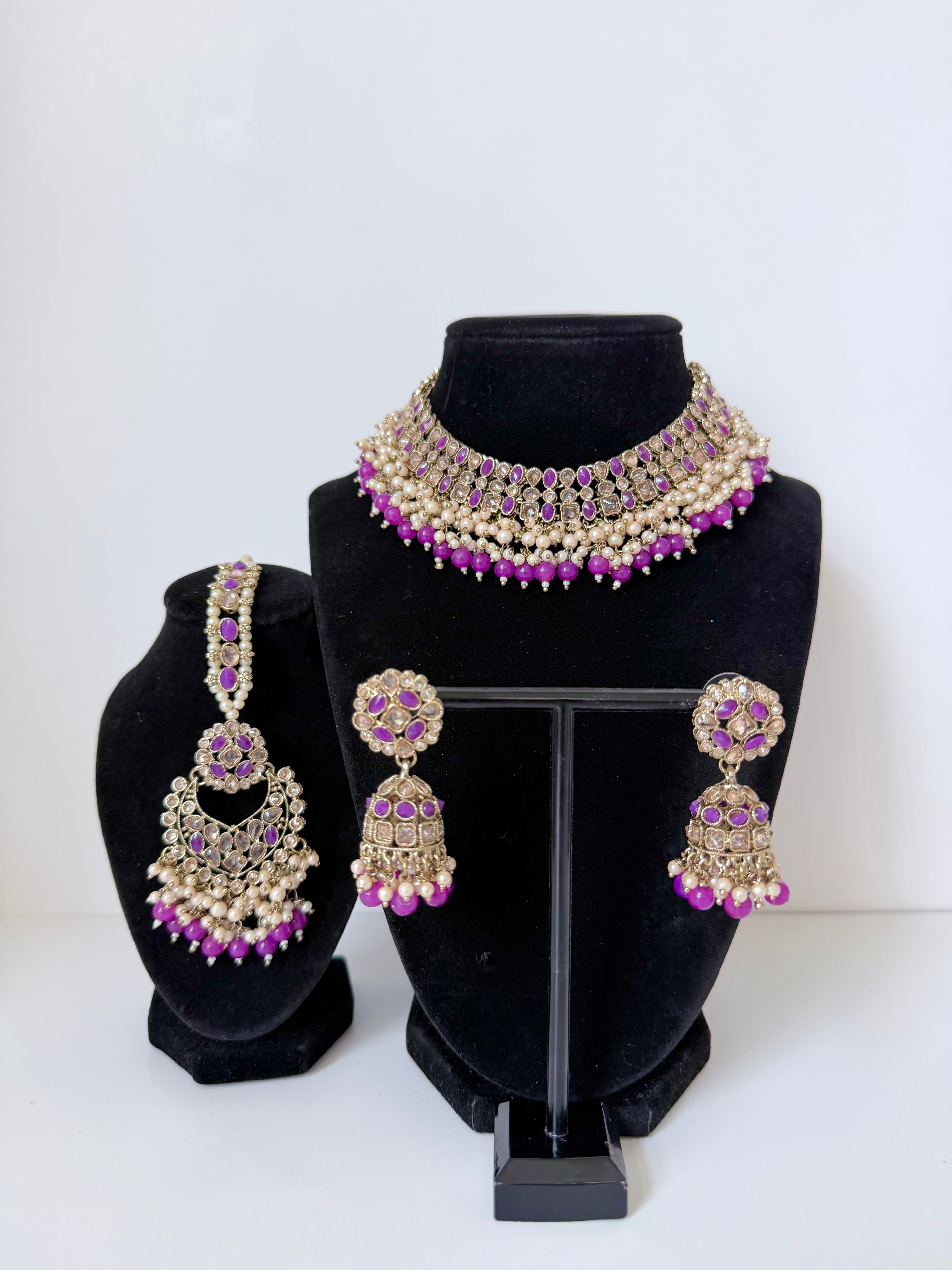 Bollywood Polki Pratha Necklace Set with Jhumka and Mangtika