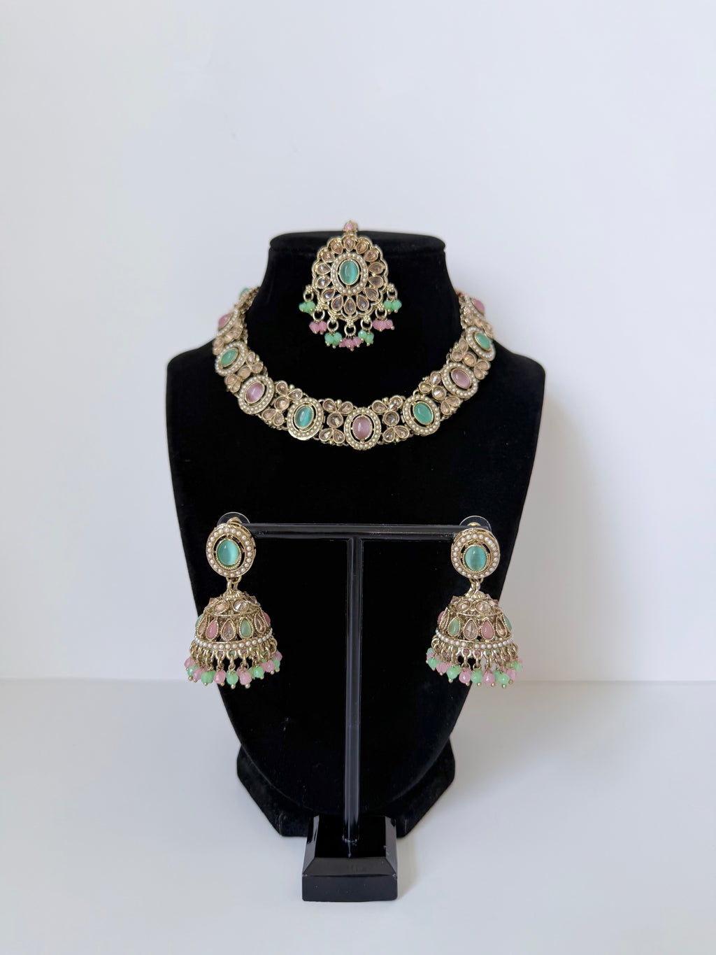Bollywood Single Line Heer Necklace Set with Jhumka and Tikka