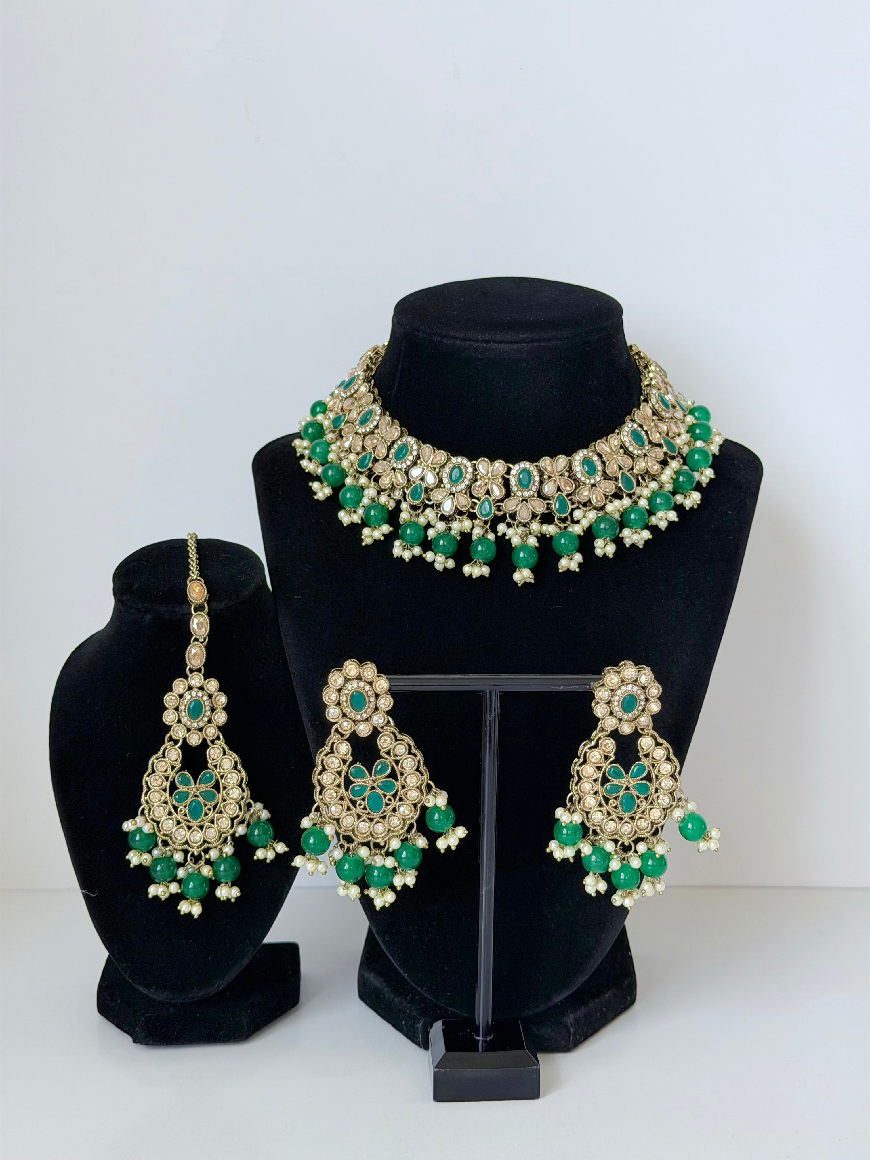 Bollywood Humaira Stonework Necklace Set with Earrings and Mangtika