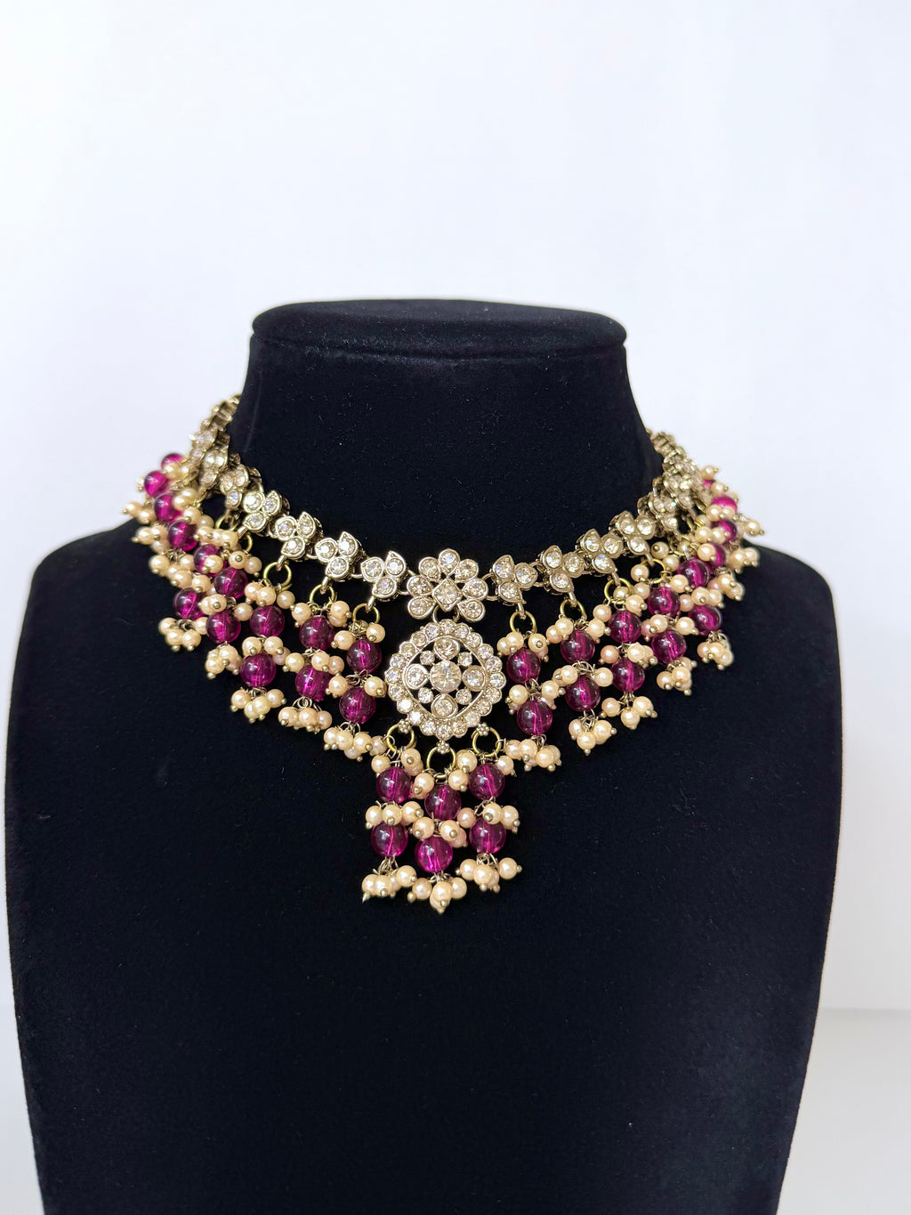 Bollywood Ziana Stonwork Necklace Set with Earrings and Tikka