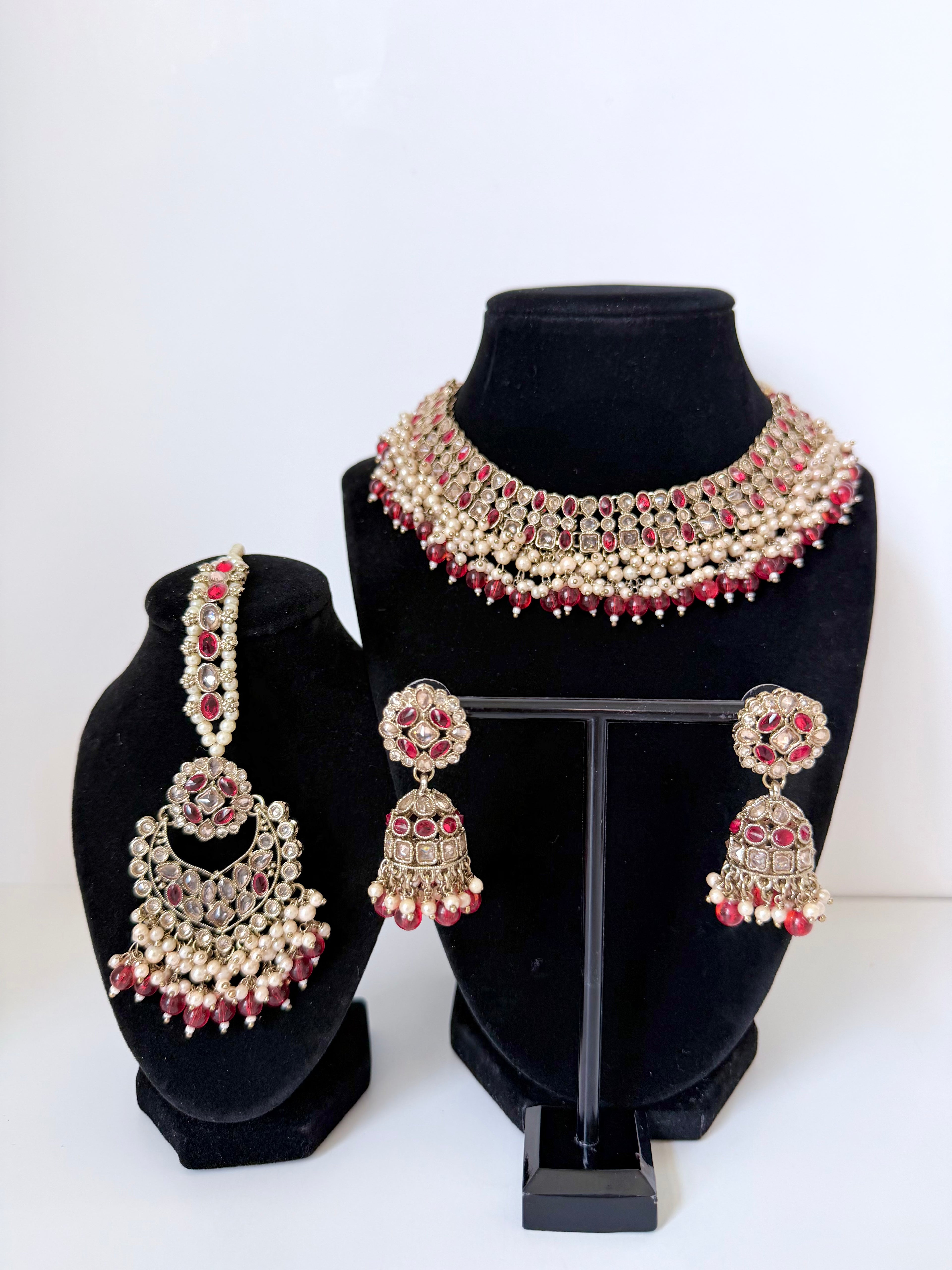 Bollywood Polki Pratha Necklace Set with Jhumka and Mangtika