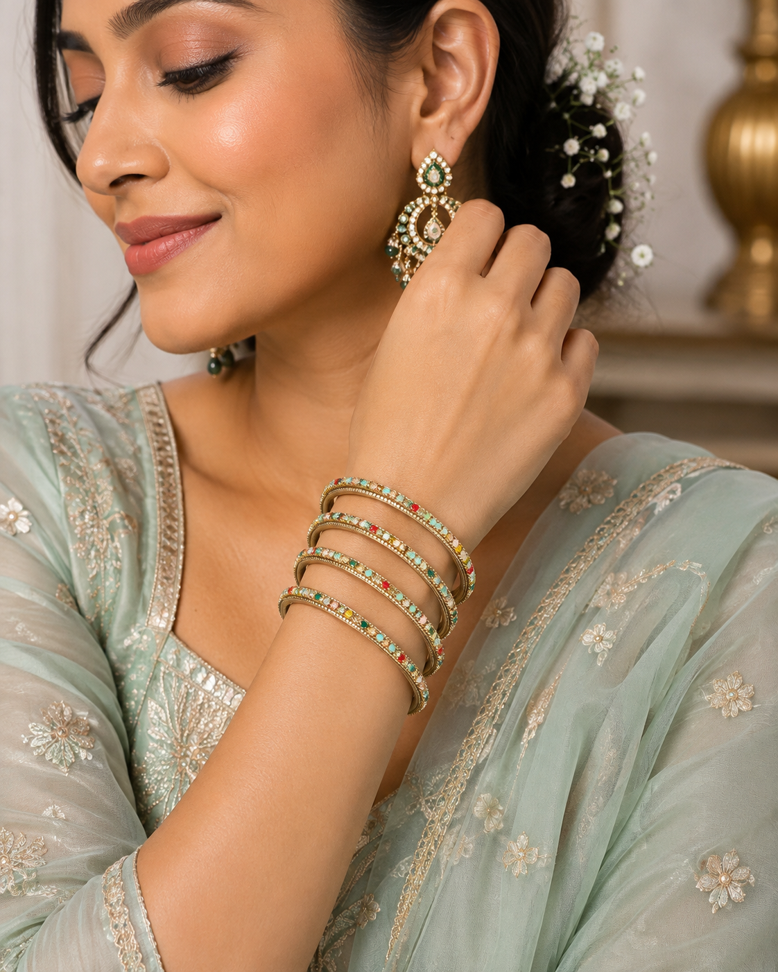 Rangrez Multicolor Gold-Tone Stone Bangles – 4 Piece Set