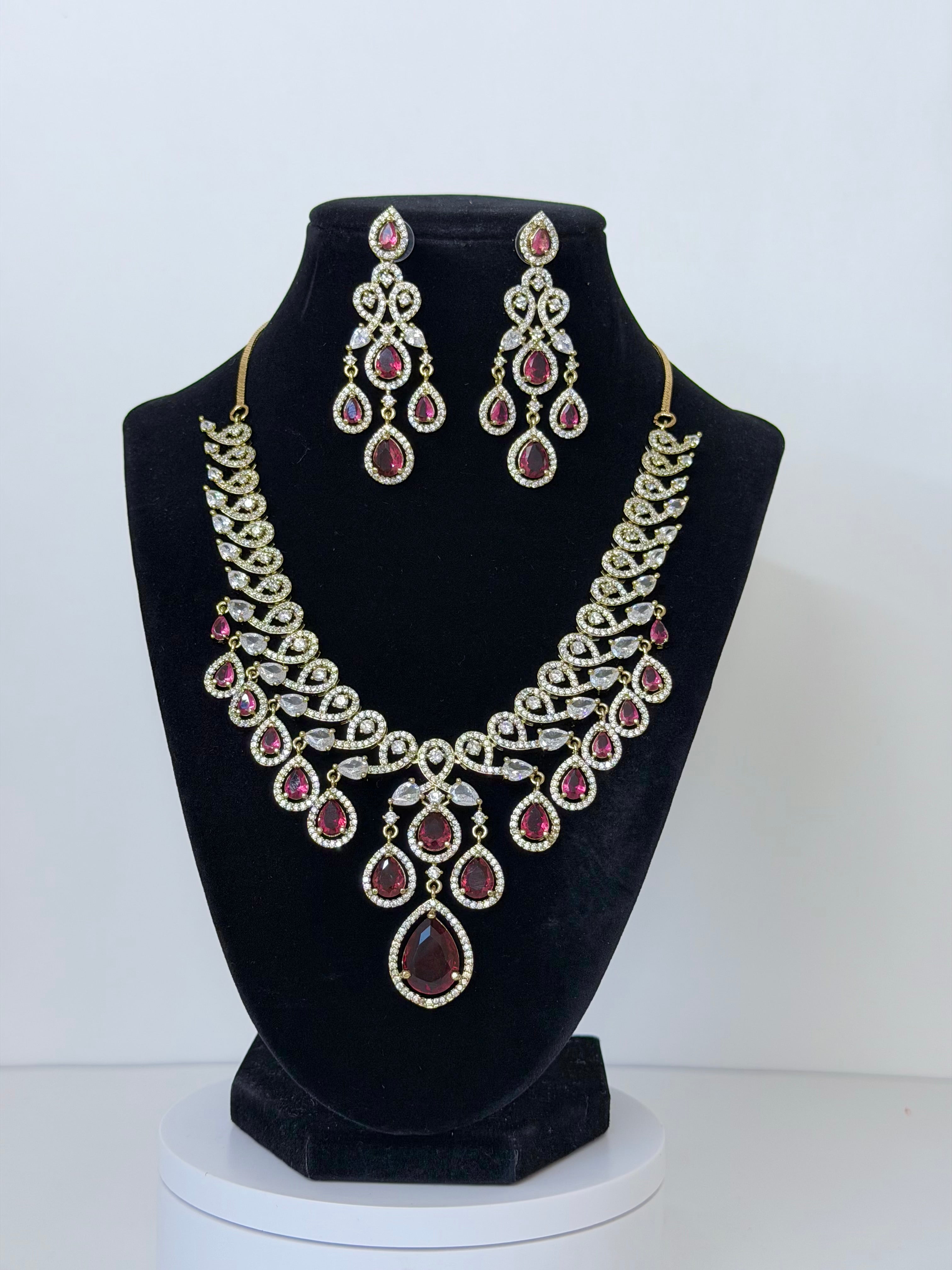 American Diamond Avira Necklace Set with Earrings in Gold Base