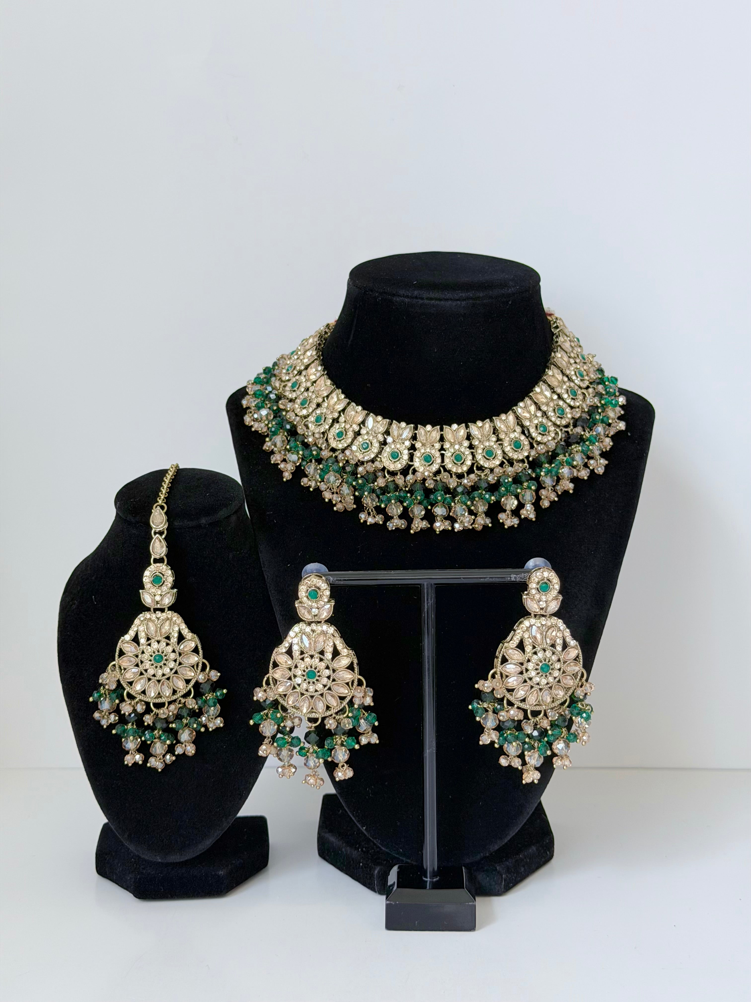 Bollywood Krithika Stonework Necklace Set with Earrings and Mangtika