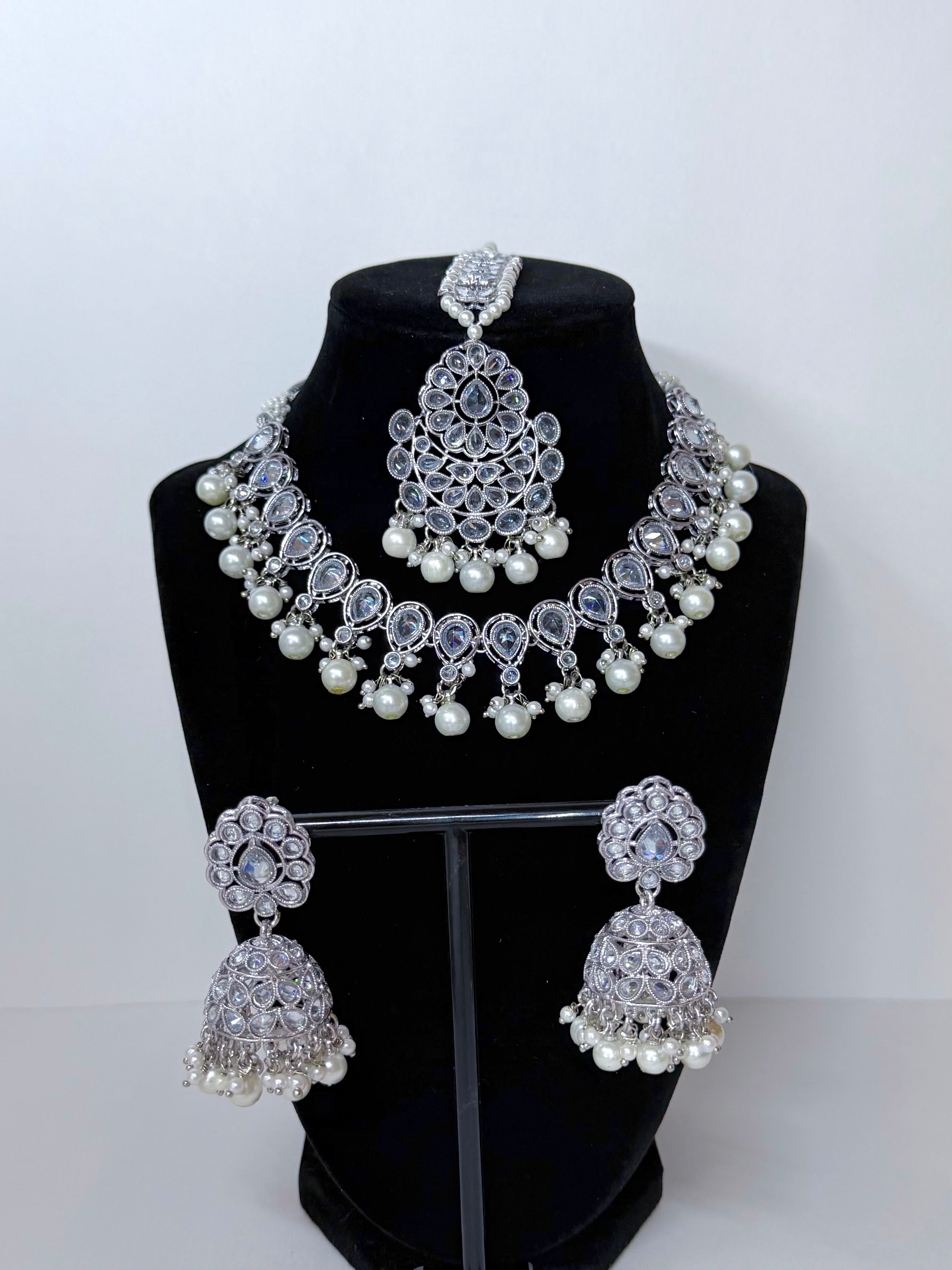 Bollywood Silver Polki Necklace Set with Jhumka/Earring and Maangtika