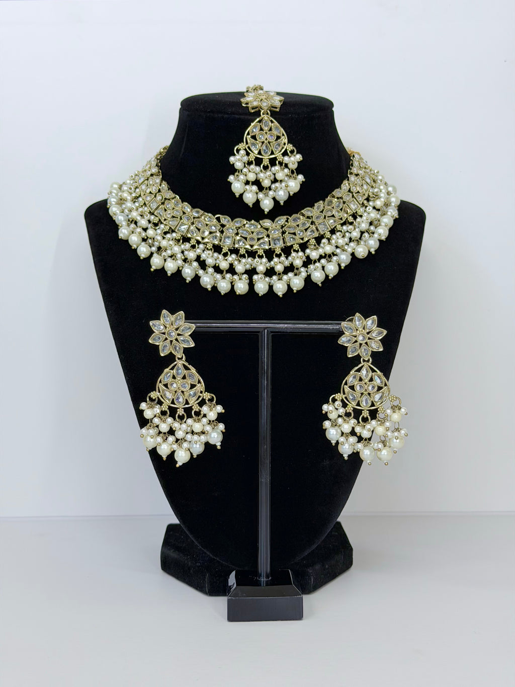 Bollywood Polki Ruhi Necklace Set with Earrings and Tikka