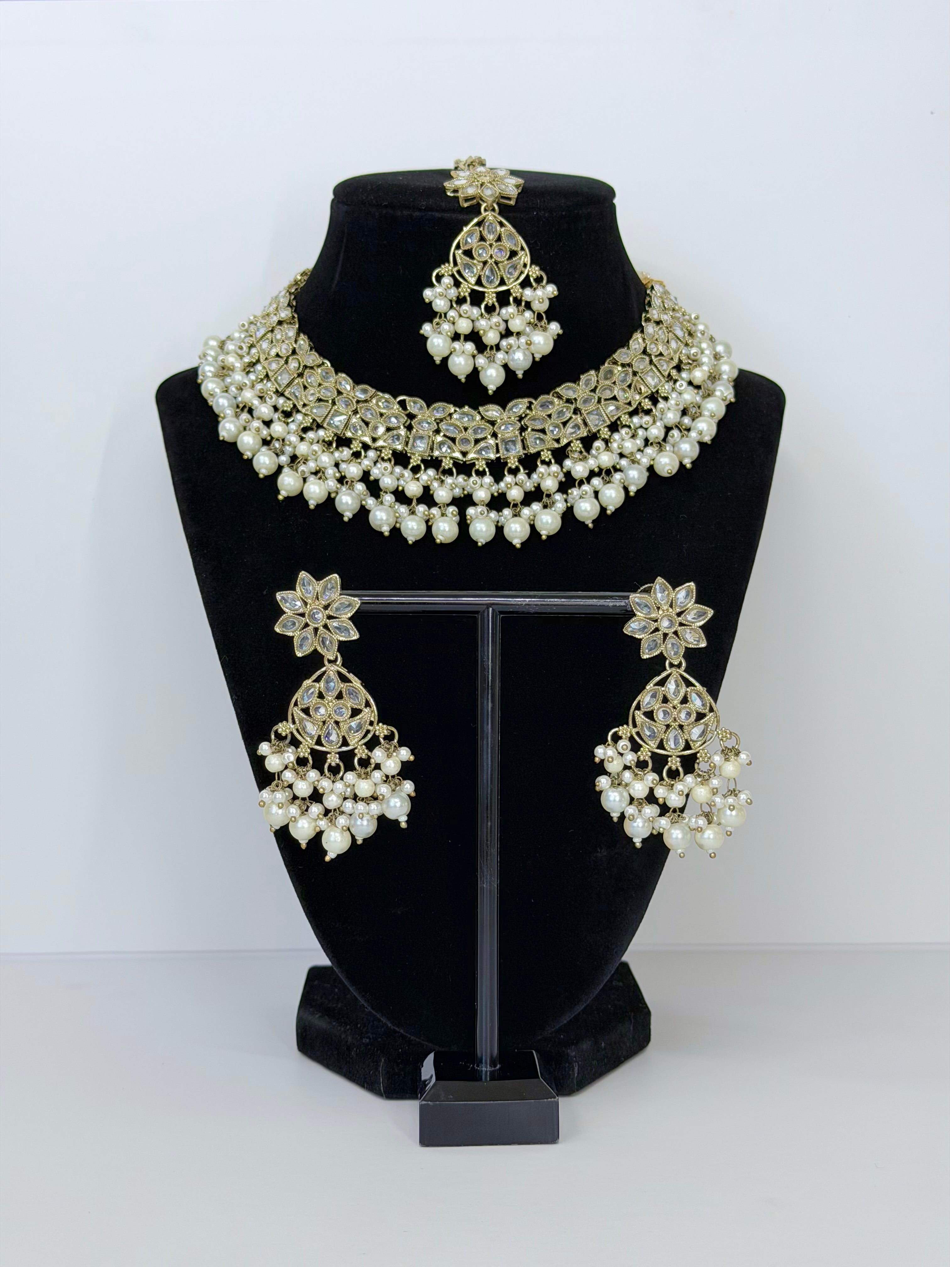 Bollywood Polki Ruhi Necklace Set with Earrings and Tikka