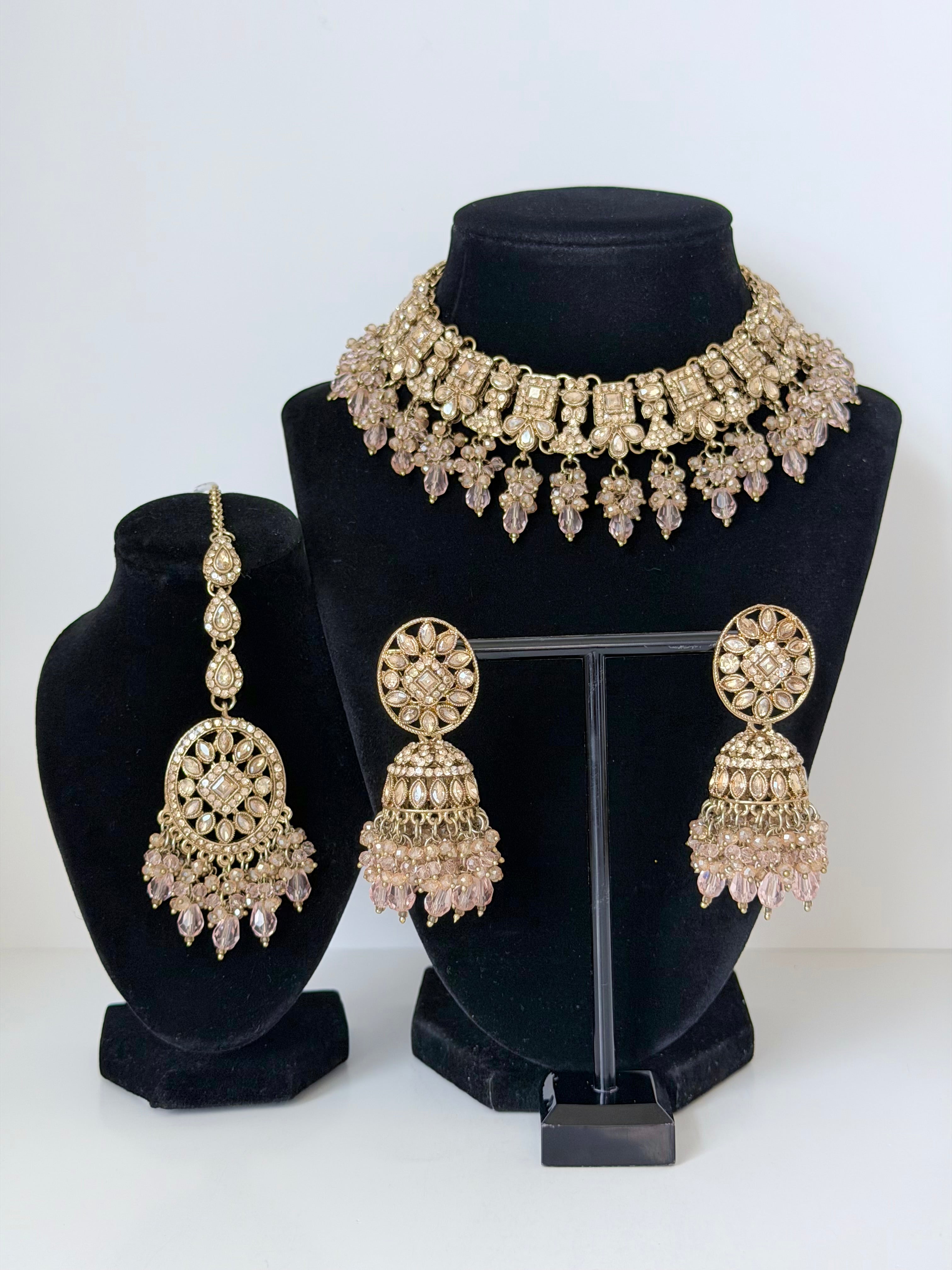 Bollywood Himani Stonework Necklace Set with Jhumka and Mangtika