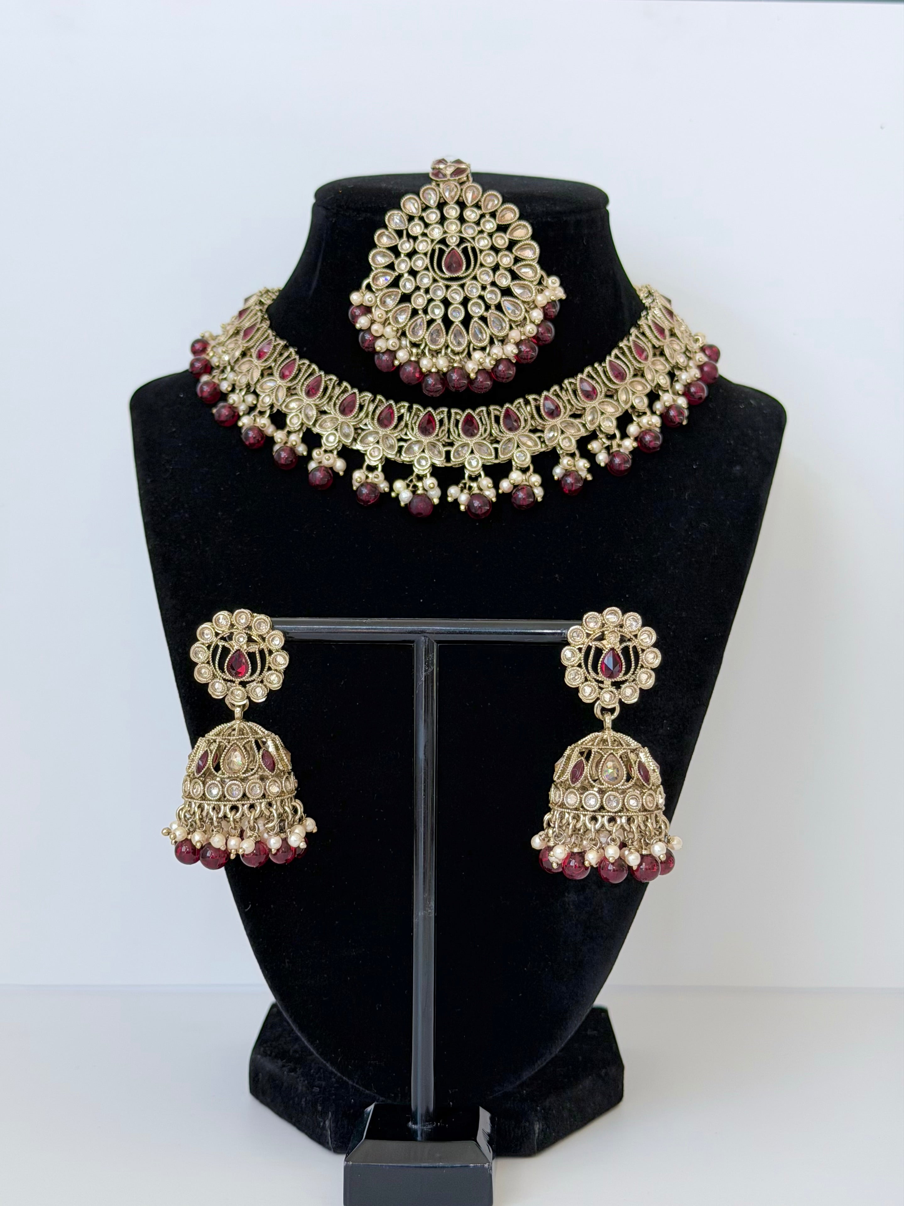 Bollywood Polki Kamal Aura Necklace Set with Jhumka and Mangtika