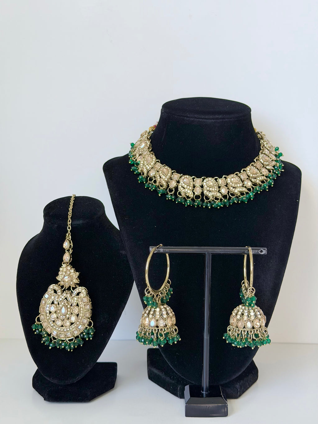 Bollywood Prisha Stonework Necklace Set with Bali Jhumka and Mangtika