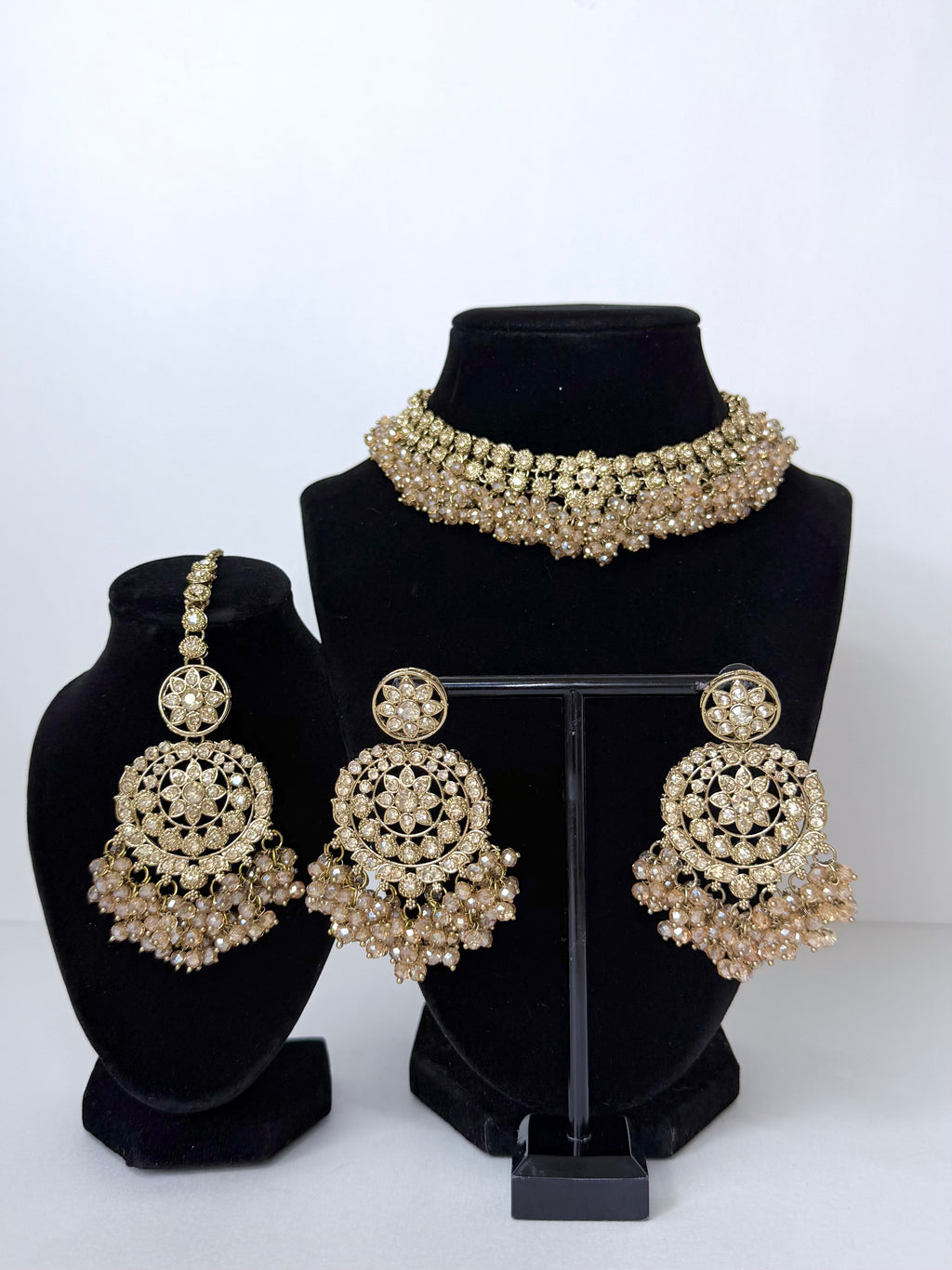 Bollywood Reha Stonework Necklace Set with Earrings and Tikka