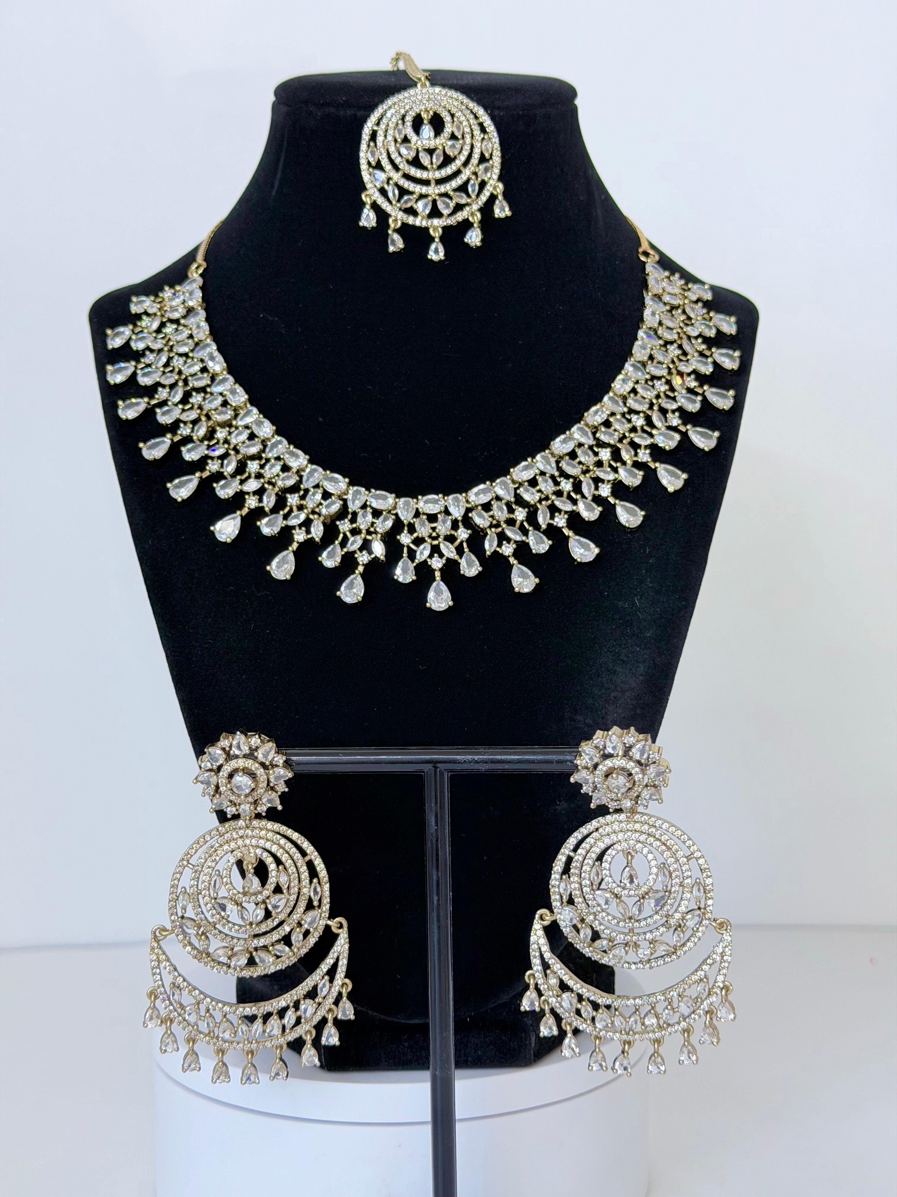 American Diamond Riyana Necklace Set with Earrings and Mangtika in Gold Base