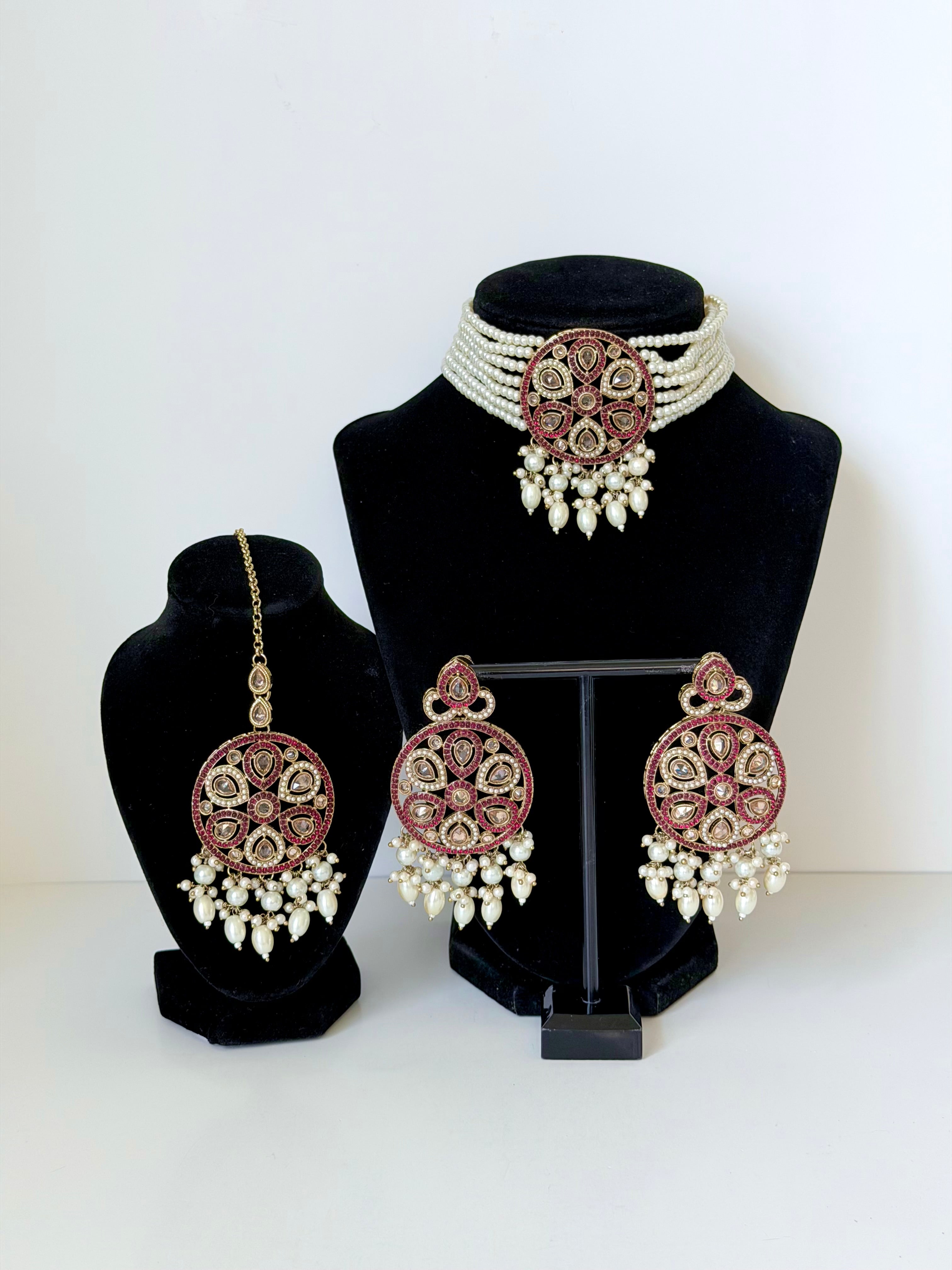 Bollywood Ekta Polki Choker Set with Earrings and Mangtika