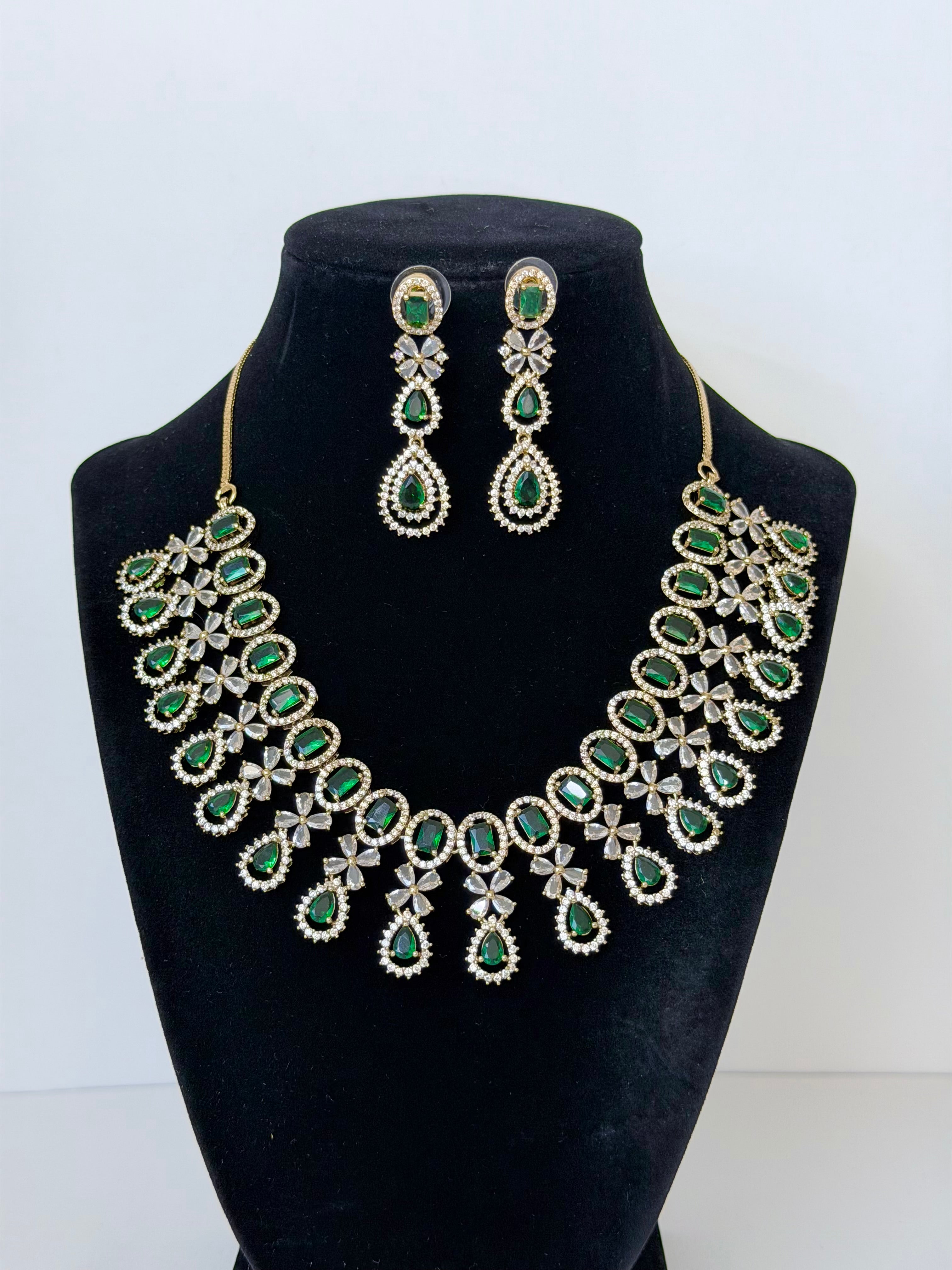 American Diamond Meira Necklace Set with Earrings in Gold Base