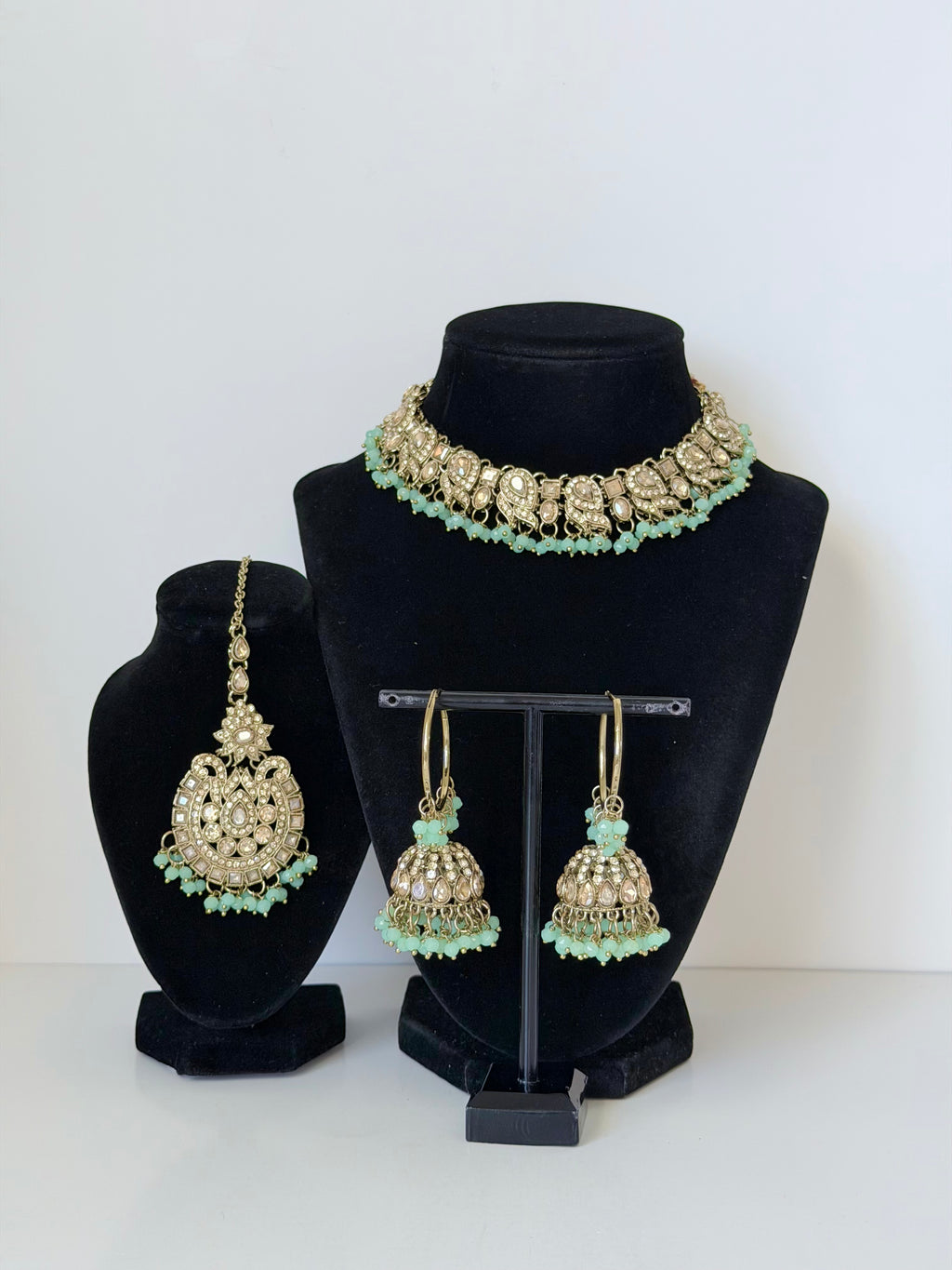 Bollywood Prisha Stonework Necklace Set with Bali Jhumka and Mangtika