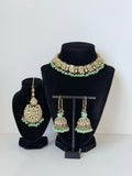 Bollywood Prisha Stonework Necklace Set with Bali Jhumka and Mangtika