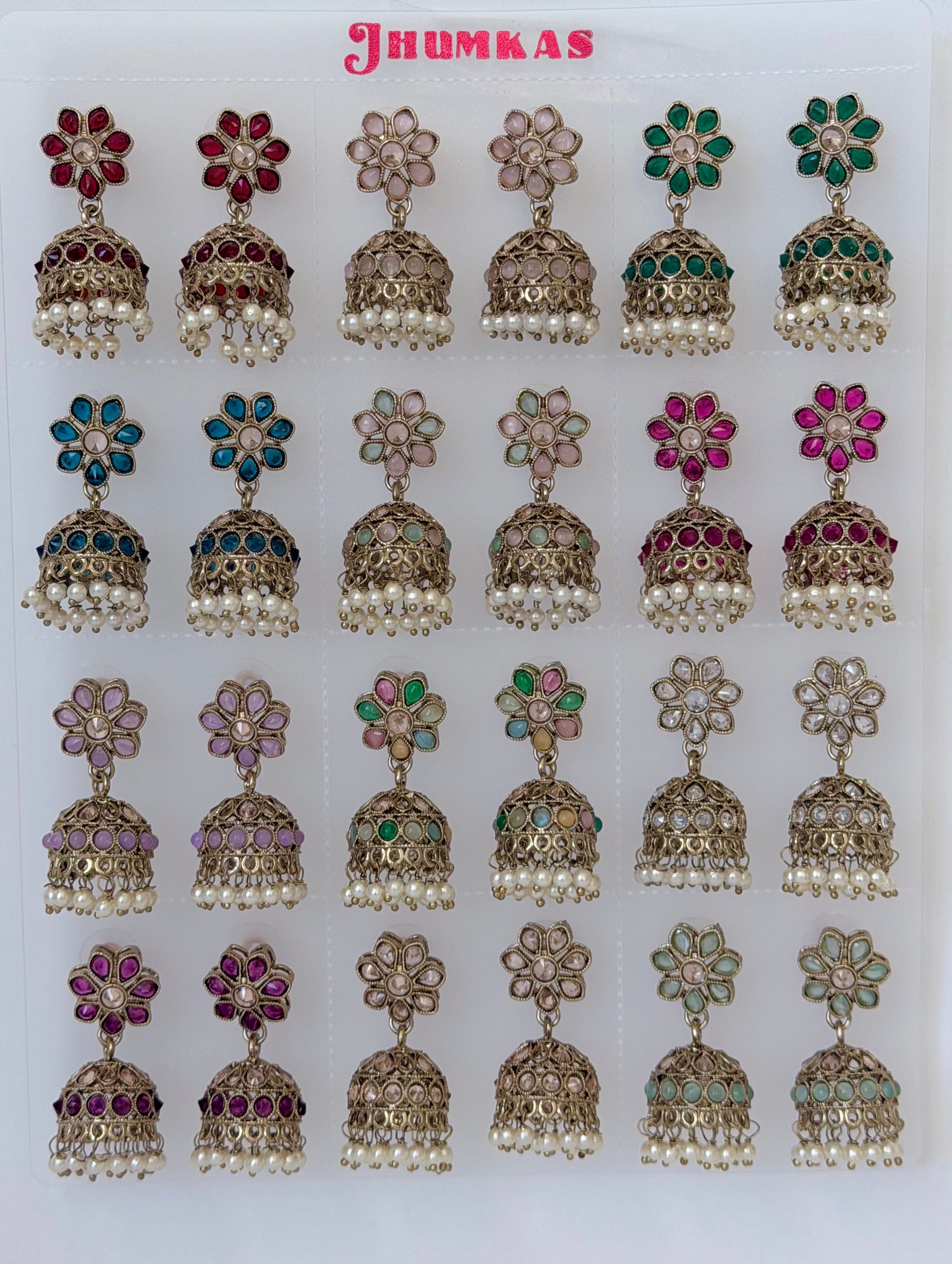 Polki Small Jhumka Pack - 12 Colors Traditional Indian Jewelry with Elegant Pearl Details