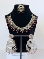 American Diamond Riyana Necklace Set with Earrings and Mangtika in Gold Base