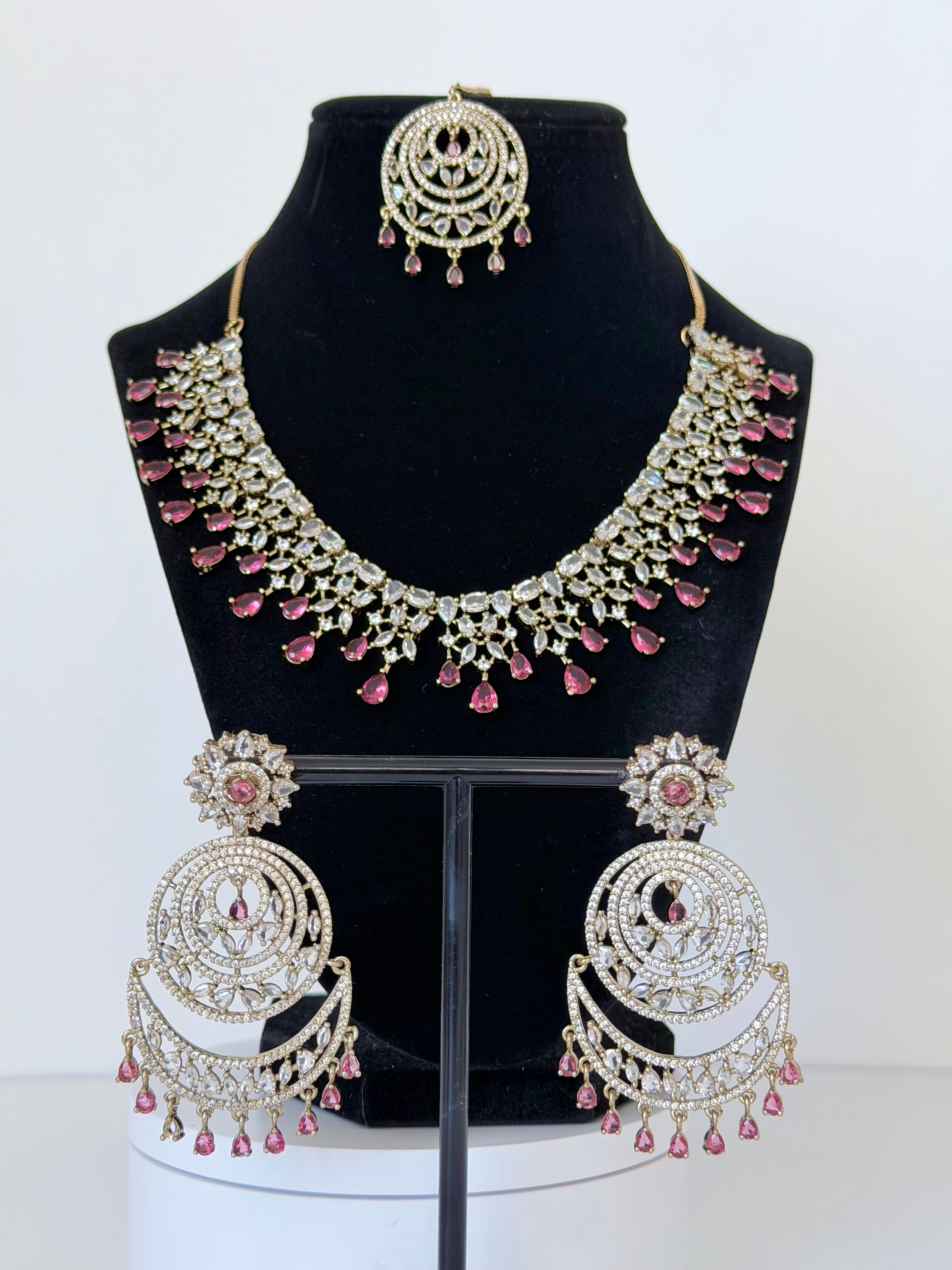 American Diamond Riyana Necklace Set with Earrings and Mangtika in Gold Base